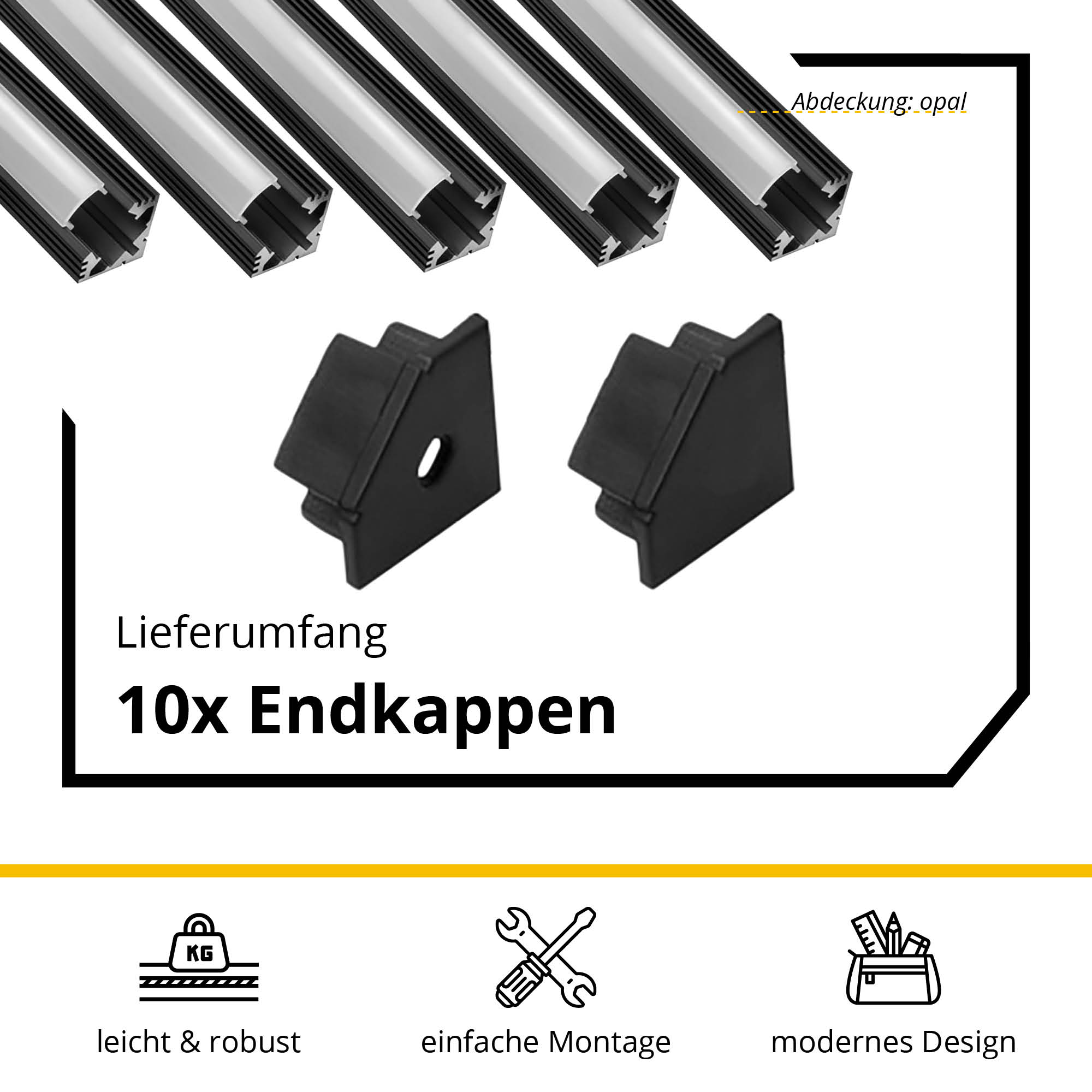 5x A19 LED Profil 2m - Schwarz inkl. Abdeckung opal, Halter & Endkappen