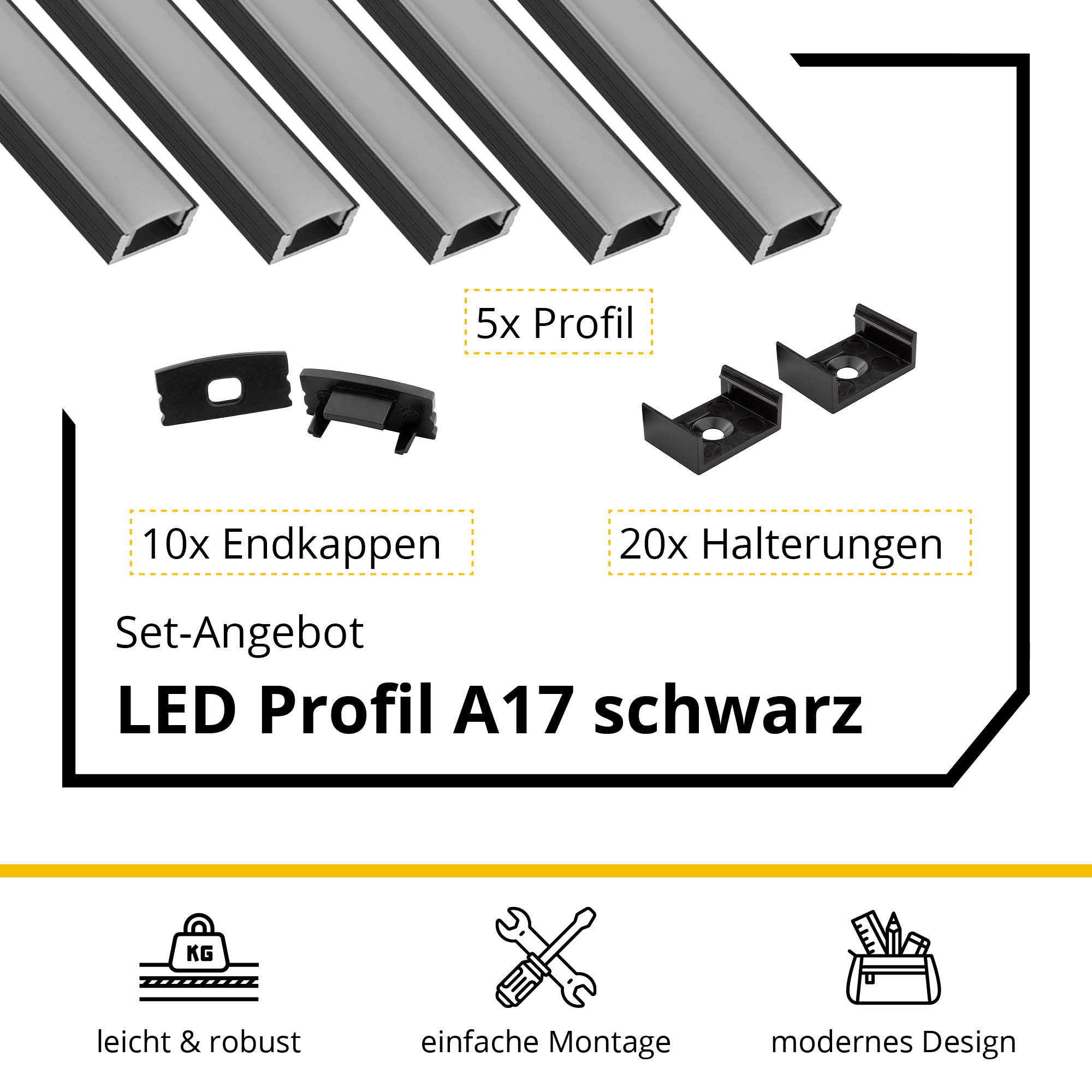 5x A17 LED Profil 2m - Schwarz inkl. Abdeckung, Halter & Endkappen 5x A17 LED Profil 2m - Schwarz inkl. Abdeckung opal, Halter & Endkappen