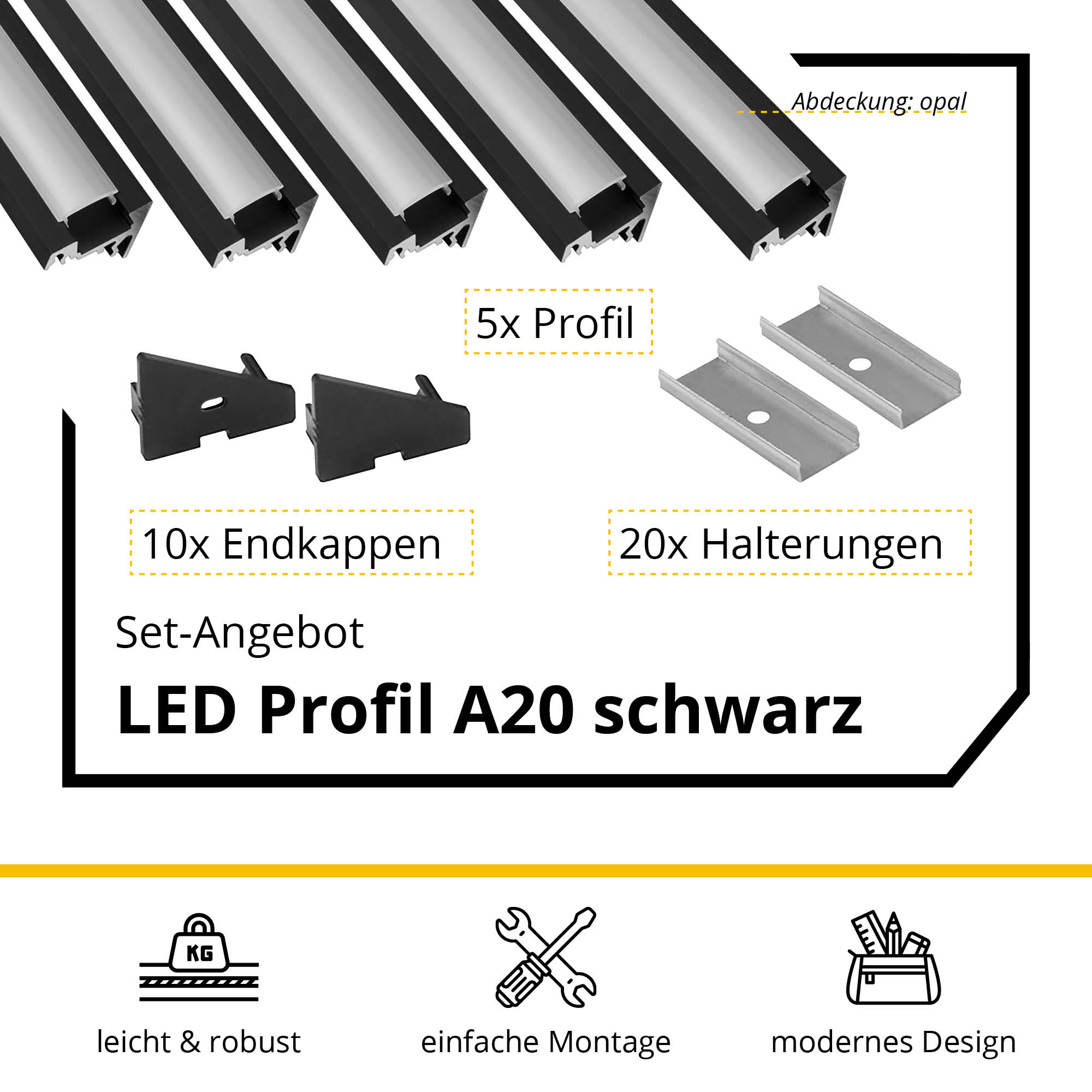 5x A20 LED Profil 2m - Schwarz inkl. Abdeckung opal, Halter & Endkappen