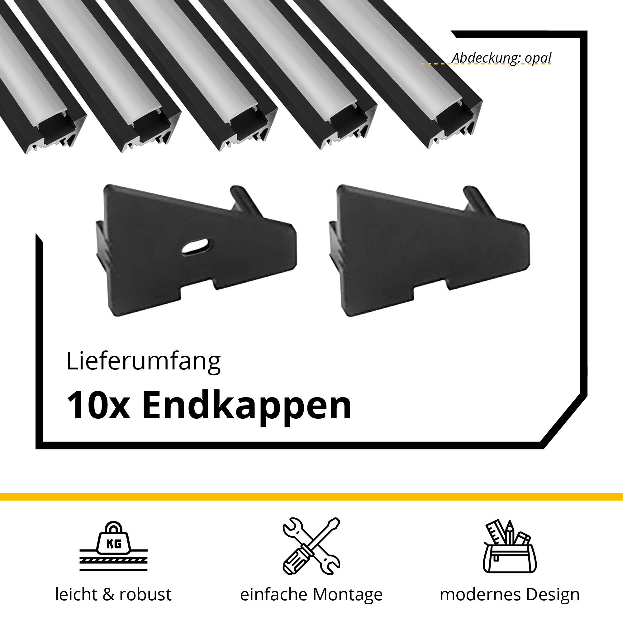 5x A20 LED Profil 2m - Schwarz inkl. Abdeckung opal, Halter & Endkappen