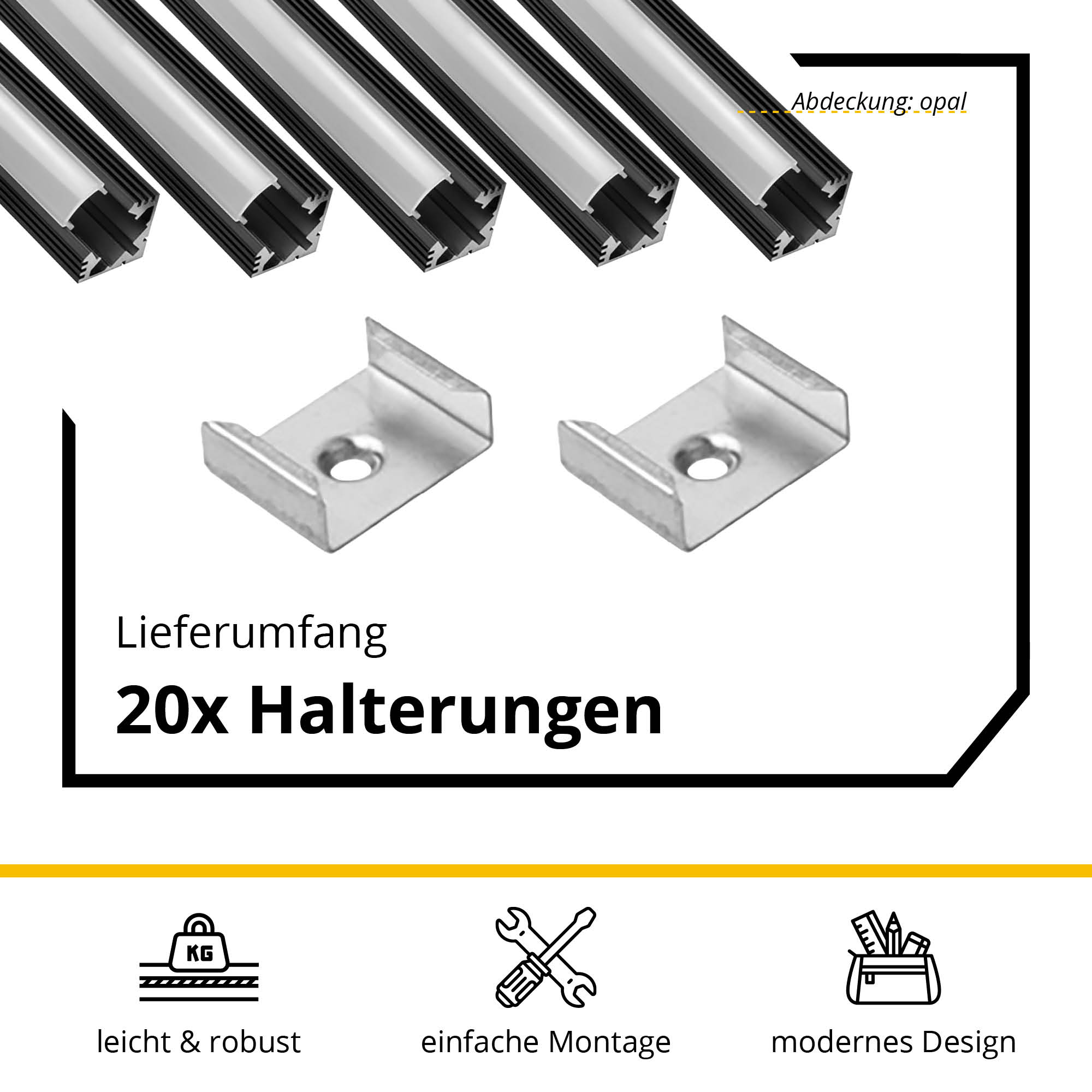 5x A19 LED Profil 2m - Schwarz inkl. Abdeckung opal, Halter & Endkappen
