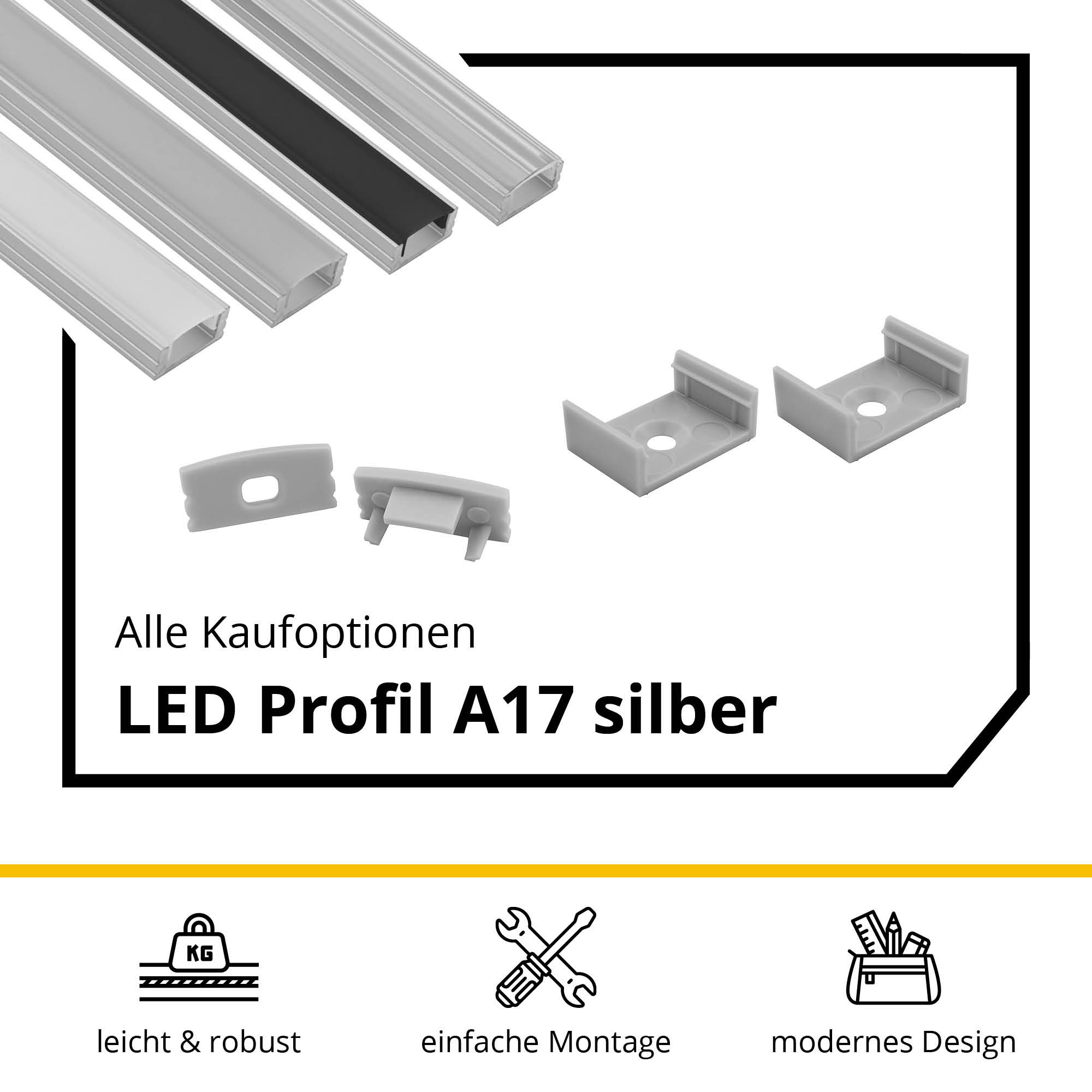 A17 LED Aluprofil Silber A17 LED Aluprofil Silber 2m Abdeckung milky