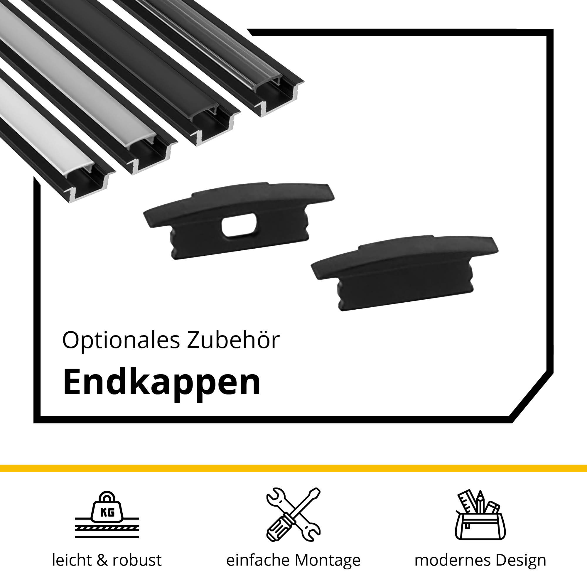 A25 LED Aluprofil Einbauprofil Schwarz 2x Endkappen A25 LED Aluprofil Einbauprofil Schwarz 2m Abdeckung milky