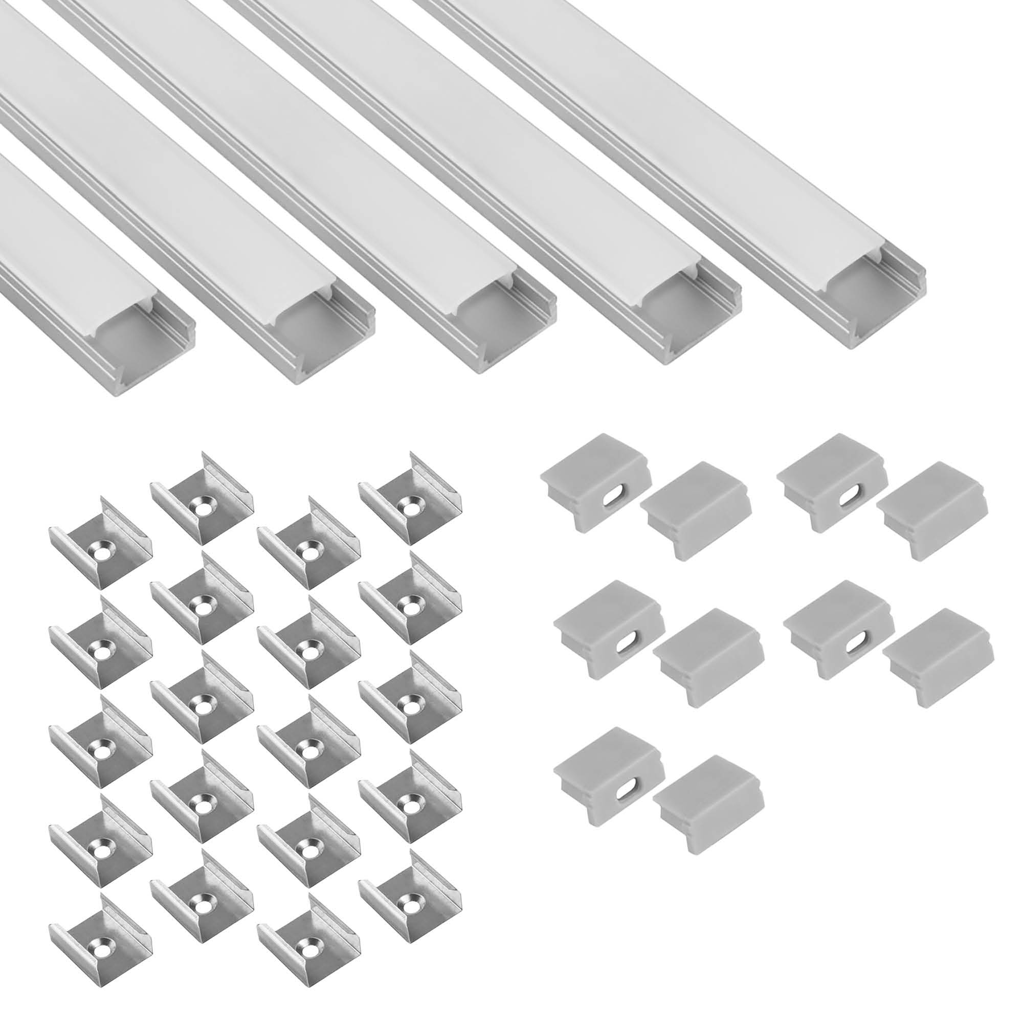 5x A15 LED Profile 2m - Silver incl. milky cover, clips & end caps 5x A15 LED Profile 2m - Silver incl. milky cover, clips & end caps