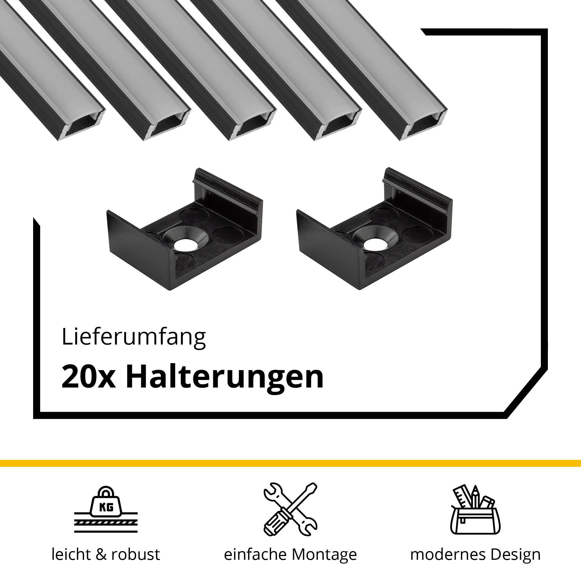 5x A17 LED Profil 2m - Schwarz inkl. Abdeckung opal, Halter & Endkappen 5x A17 LED Profil 2m - Schwarz inkl. Abdeckung opal, Halter & Endkappen