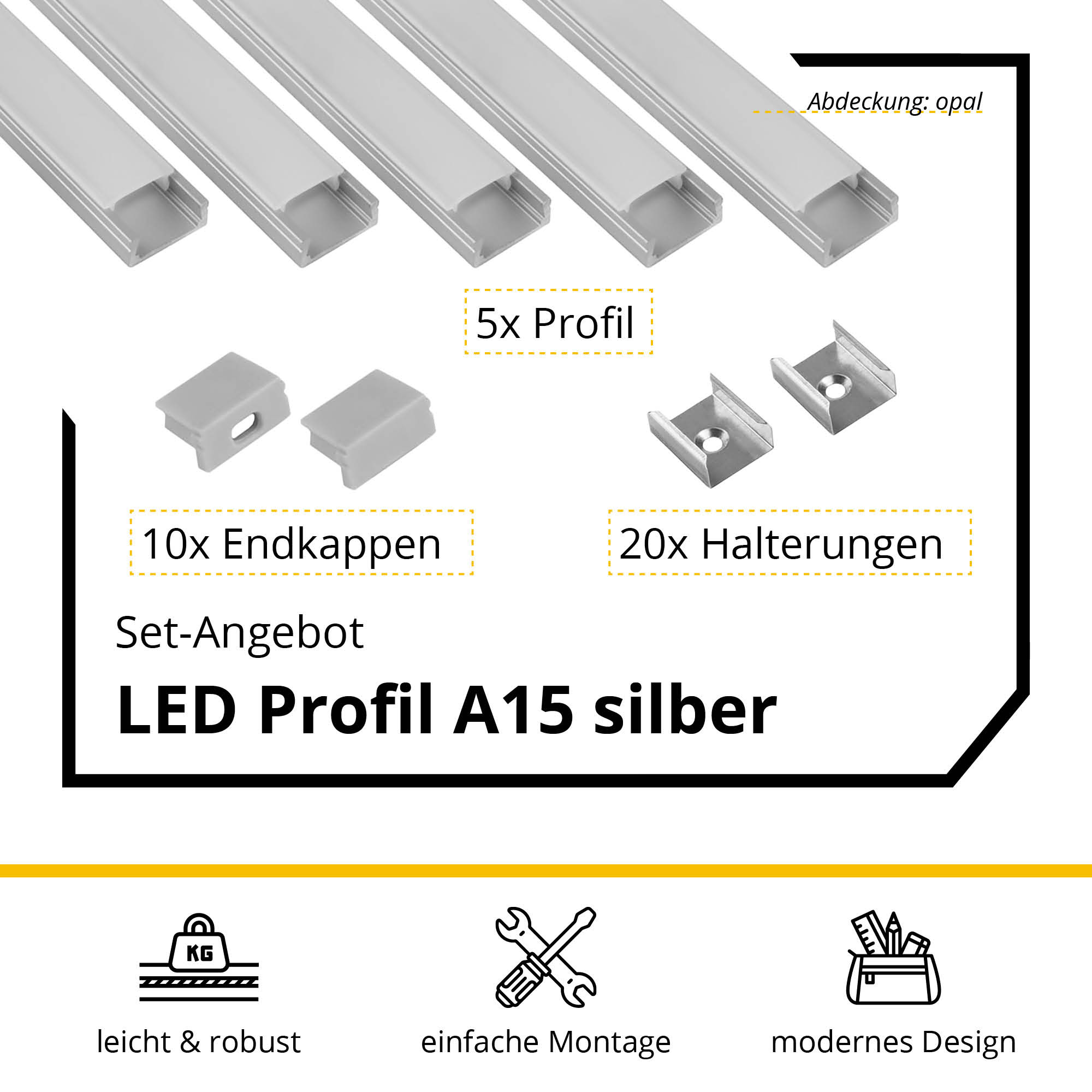 5x A15 LED profile 2m - Silver incl. opal cover, clips & end caps