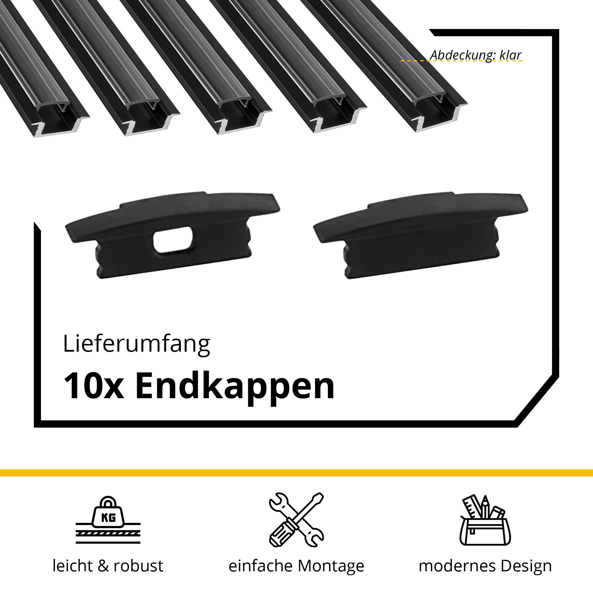 5x A25 LED Profil 2m - Schwarz inkl. Abdeckung klar & Endkappen