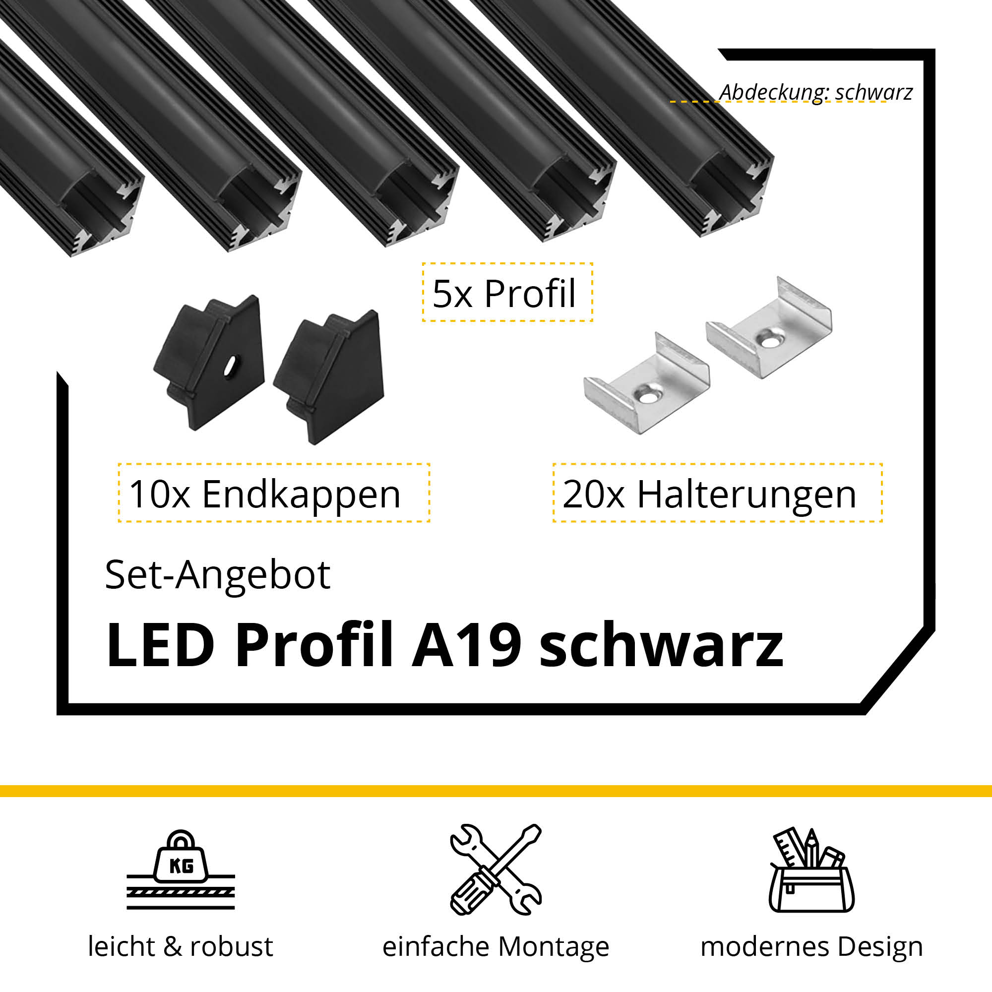 5x A19 LED Profil 2m - Schwarz inkl. Abdeckung, Halter & Endkappen 5x A19 LED Profil 2m - Schwarz inkl. Abdeckung schwarz, Halter & Endkappen