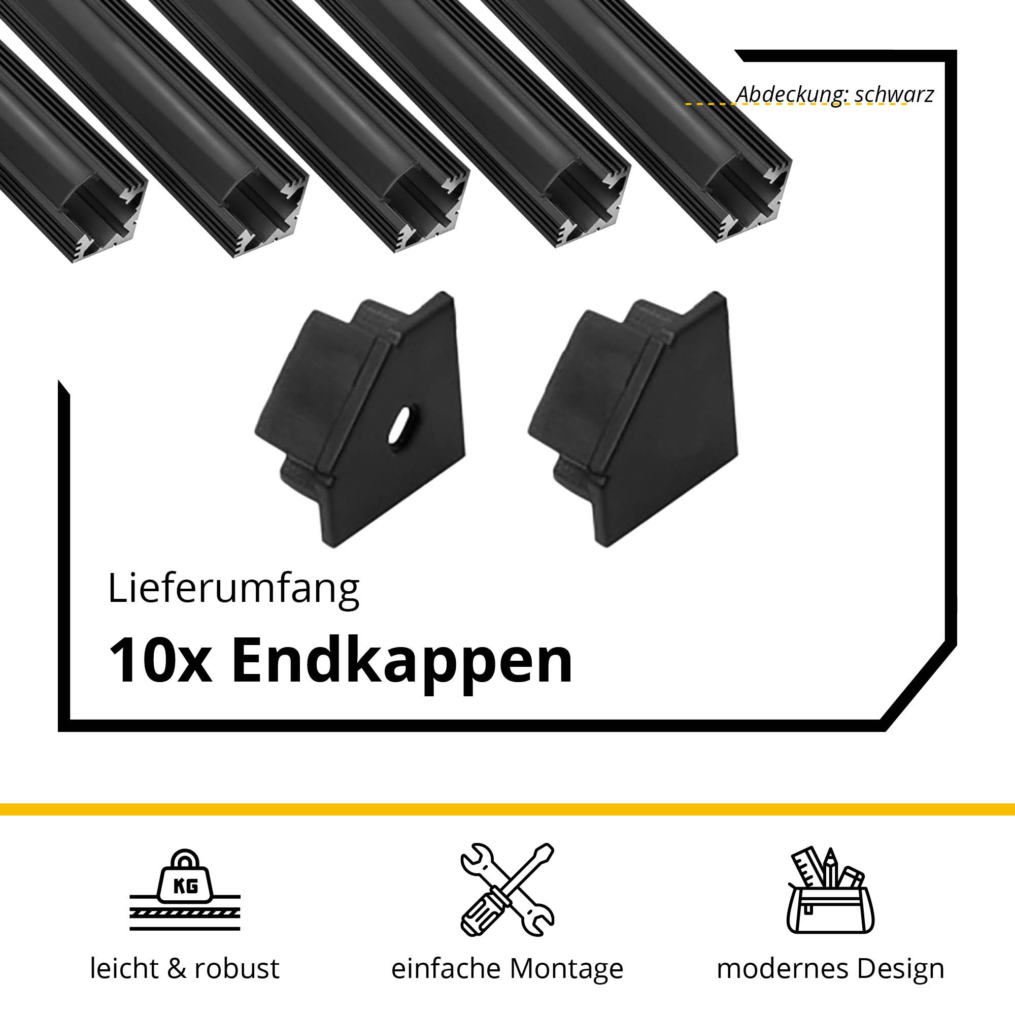 5x A19 LED Profil 2m - Schwarz inkl. Abdeckung schwarz, Halter & Endkappen