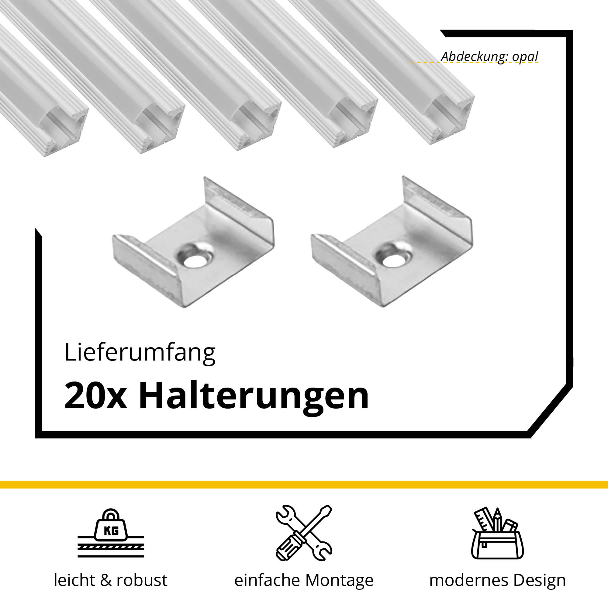 5x A19 LED Profil 2m - Weiss inkl. Abdeckung opal, Halter & Endkappen
