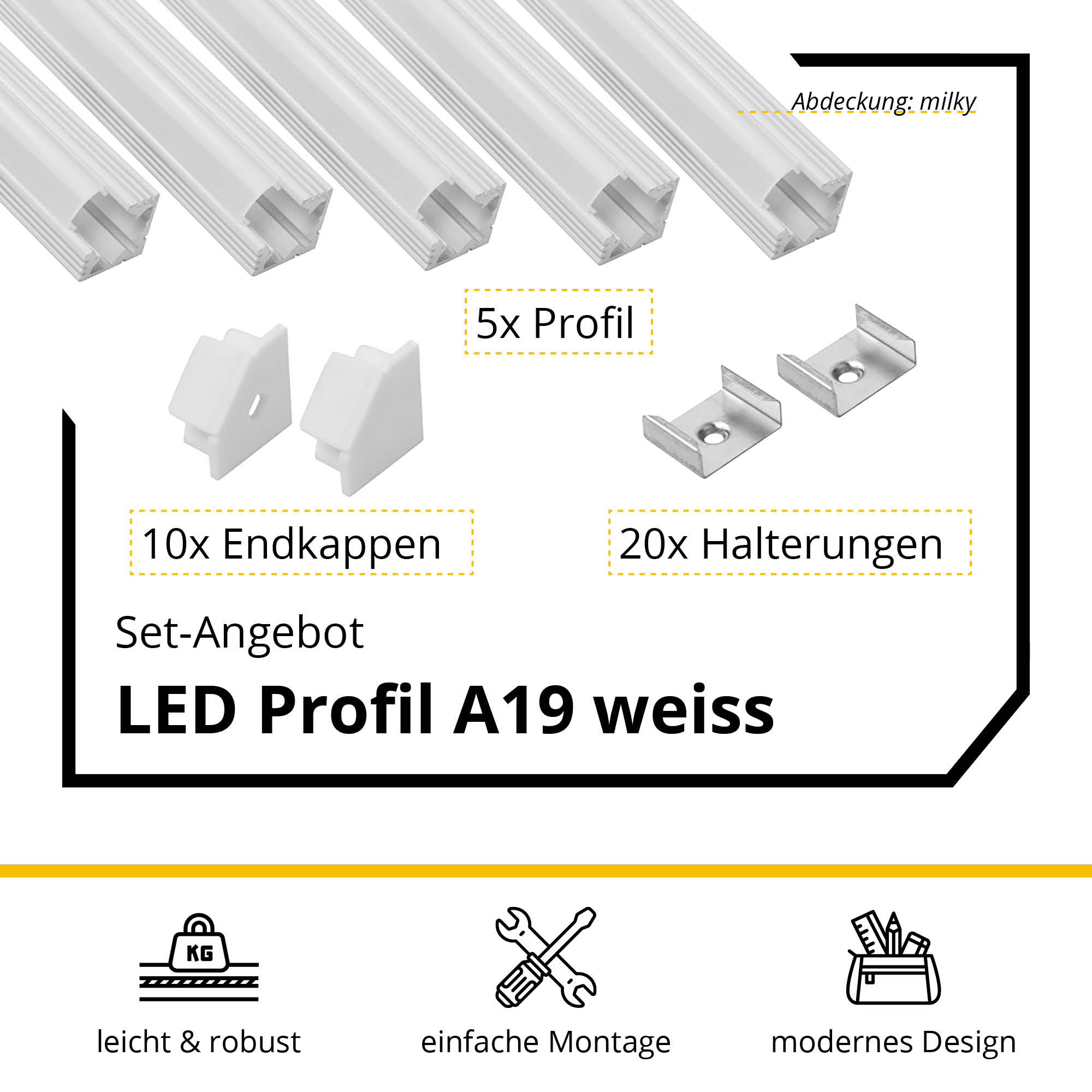 5x A19 LED Profil 2m - Weiss inkl. Abdeckung milky, Halter & Endkappen