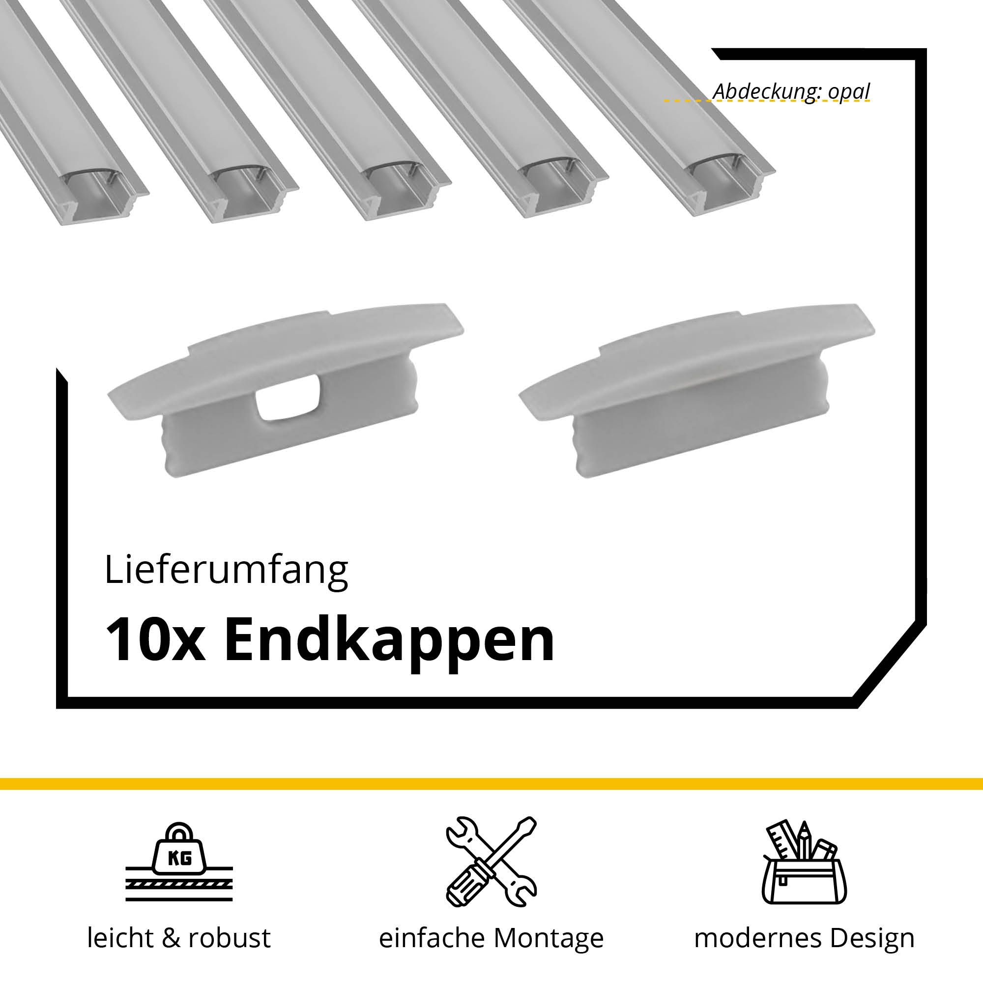 5x A25 LED Profil 2m - Silber inkl. Abdeckung opal & Endkappen