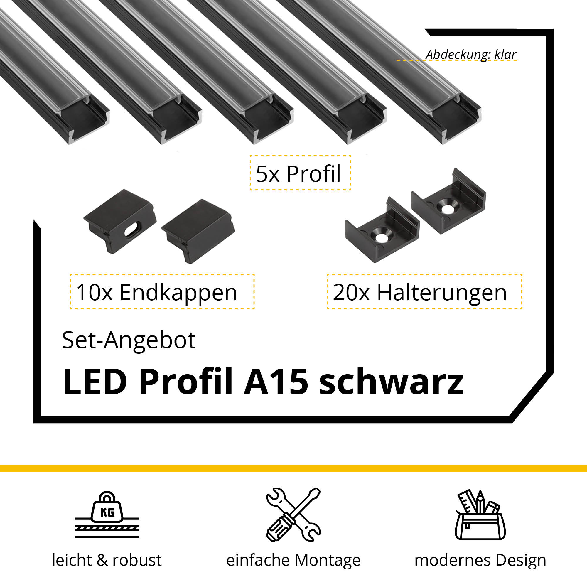 5x A15 LED Profil 2m - Schwarz inkl. Abdeckung klar, Halter & Endkappen