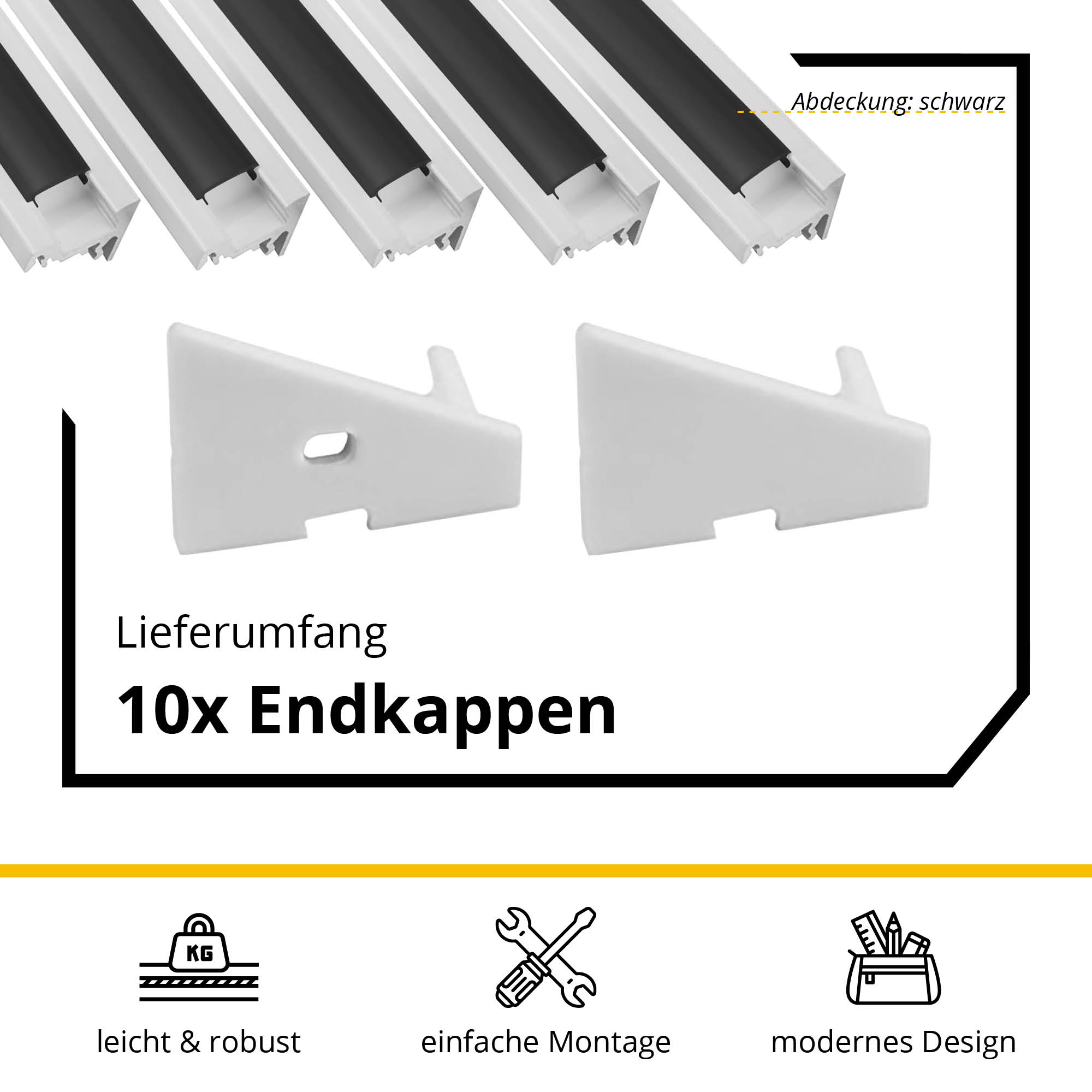 5x A20 LED Profil 2m - Weiss inkl. Abdeckung schwarz, Halter & Endkappen 5x A20 LED Profil 2m - Weiss inkl. Abdeckung schwarz, Halter & Endkappen
