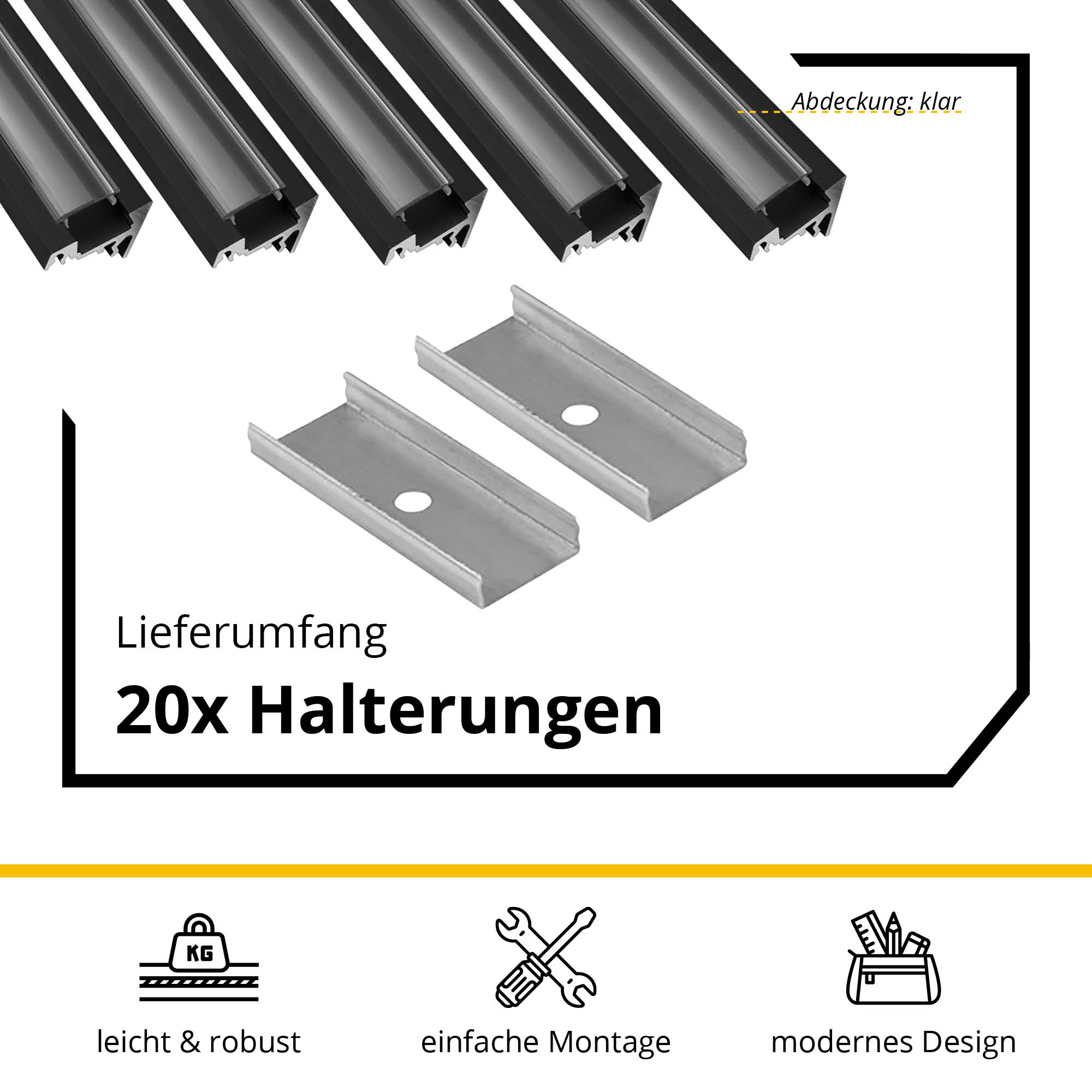 5x A20 LED Profil 2m - Schwarz inkl. Abdeckung klar, Halter & Endkappen
