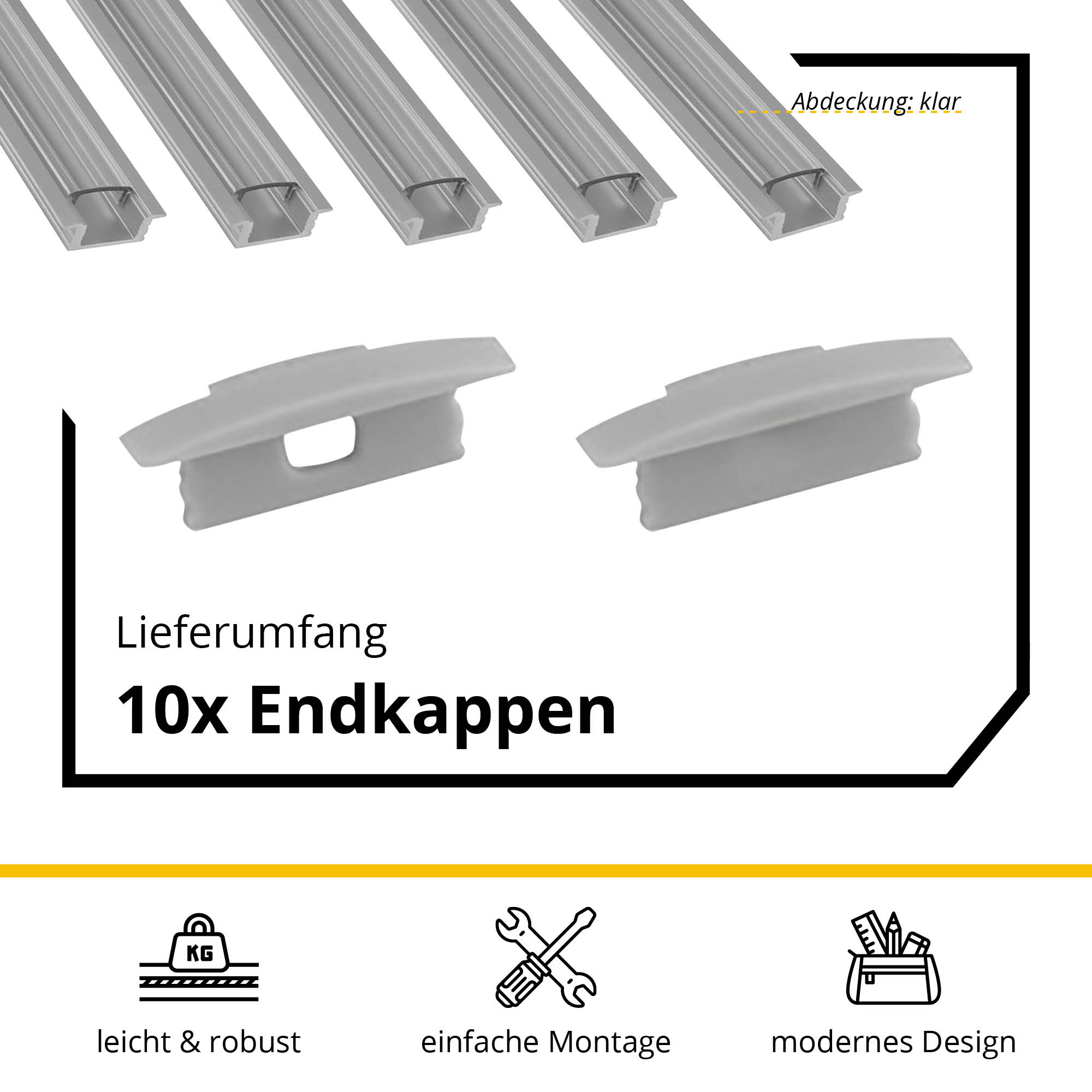 5x A25 LED Profil 2m - Silber inkl. Abdeckung klar & Endkappen 5x A25 LED Profil 2m - Silber inkl. Abdeckung klar & Endkappen