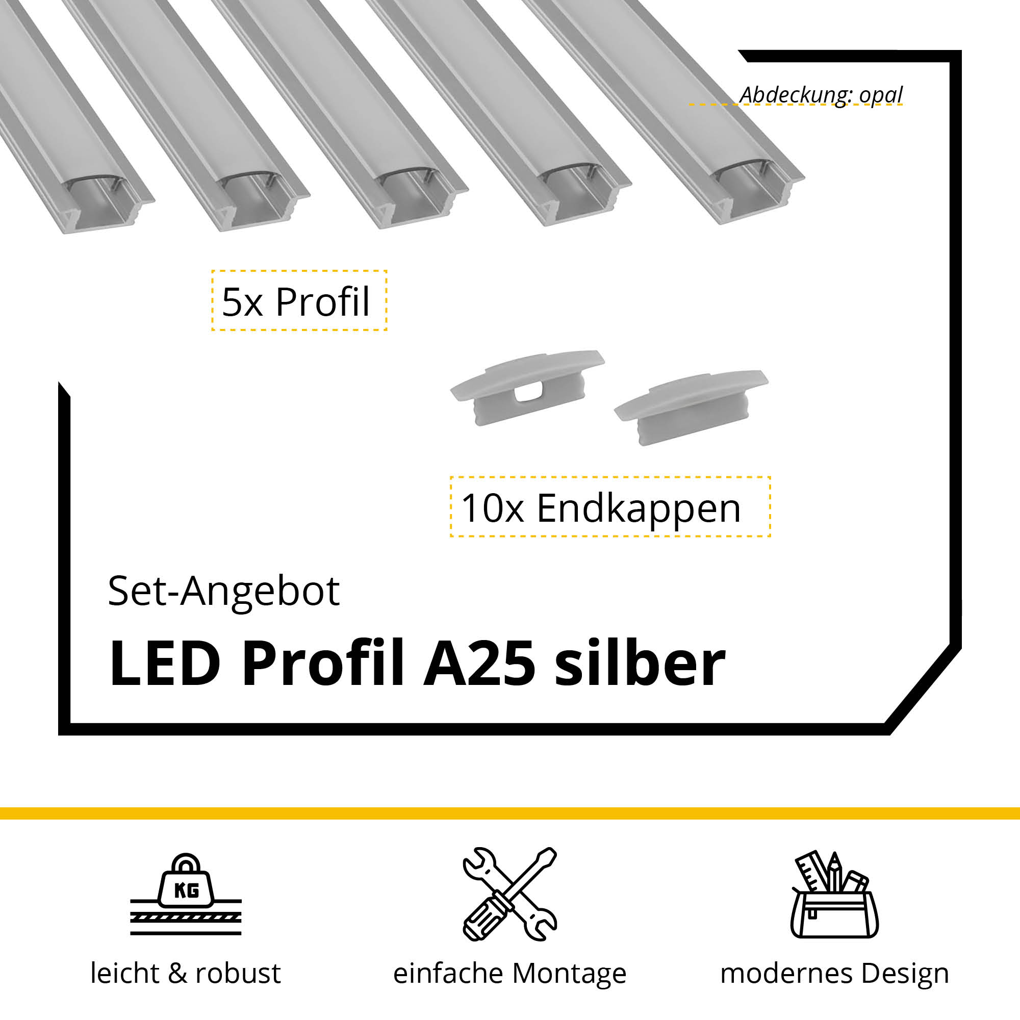 5x A25 LED Profil 2m - Silber inkl. Abdeckung opal & Endkappen