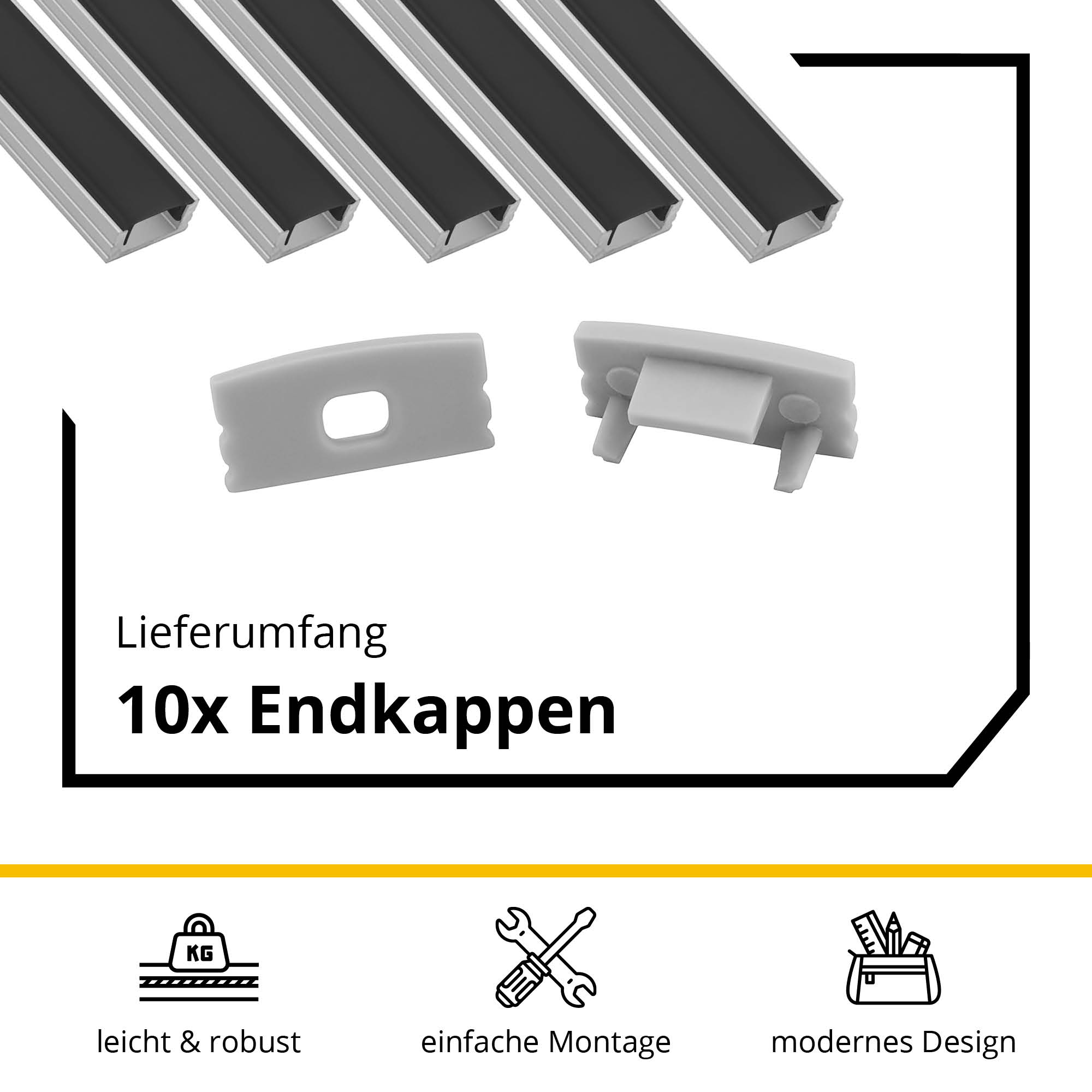 5x A17 LED Profil 2m - Silber inkl. Abdeckung schwarz, Halter & Endkappen