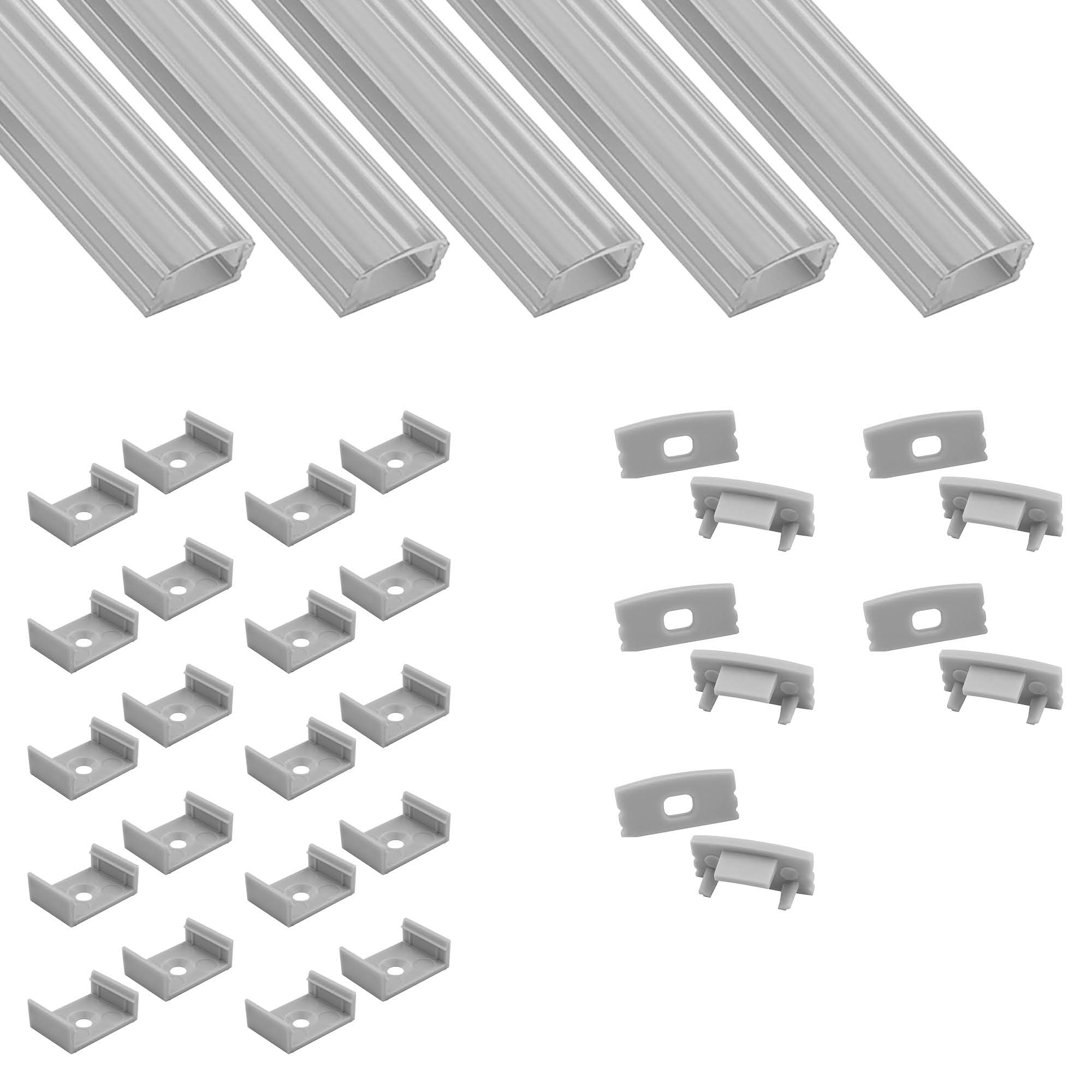5x A17 LED Profil 2m - Silber inkl. Abdeckung klar, Halter & Endkappen