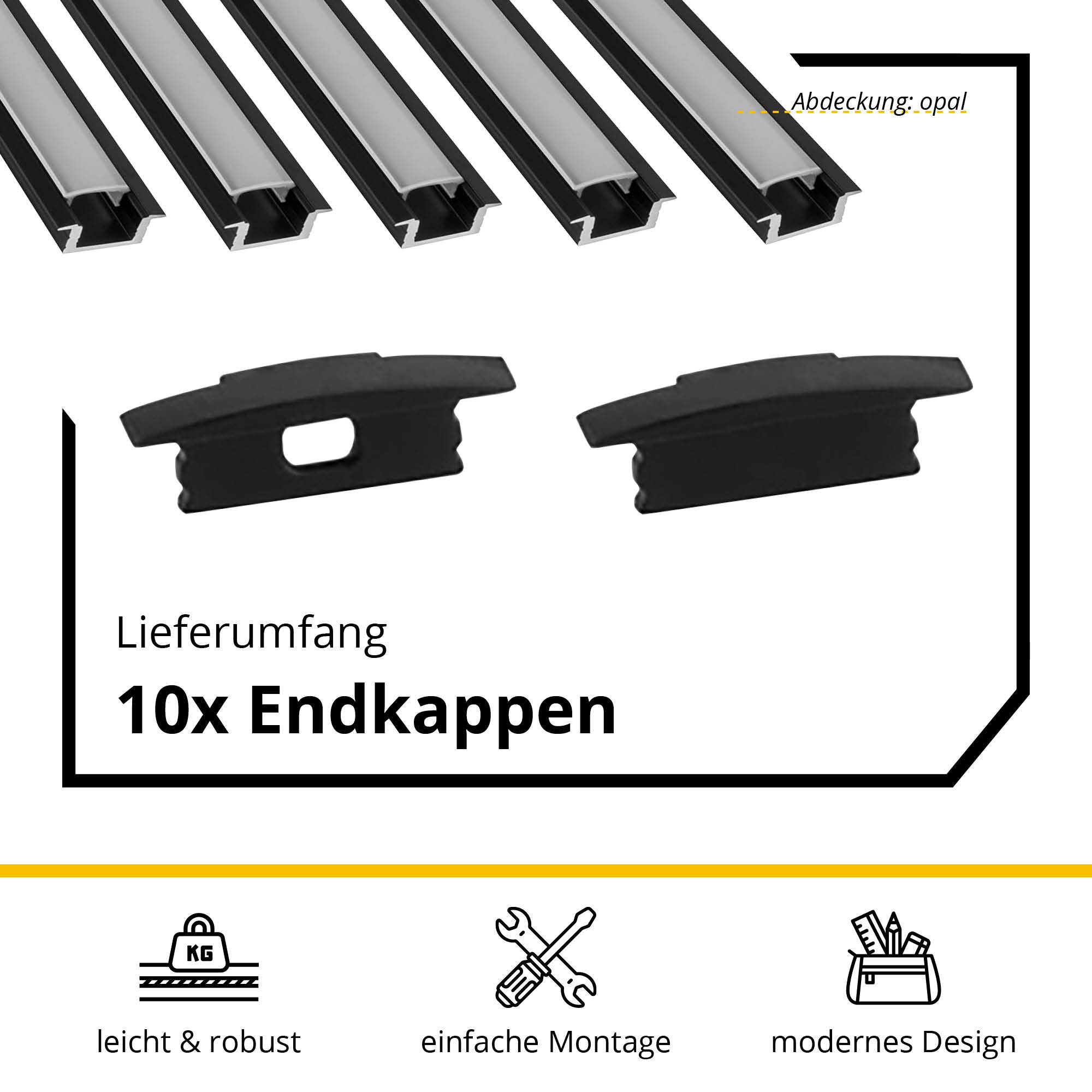 5x A25 LED Profil 2m - Schwarz inkl. Abdeckung opal & Endkappen