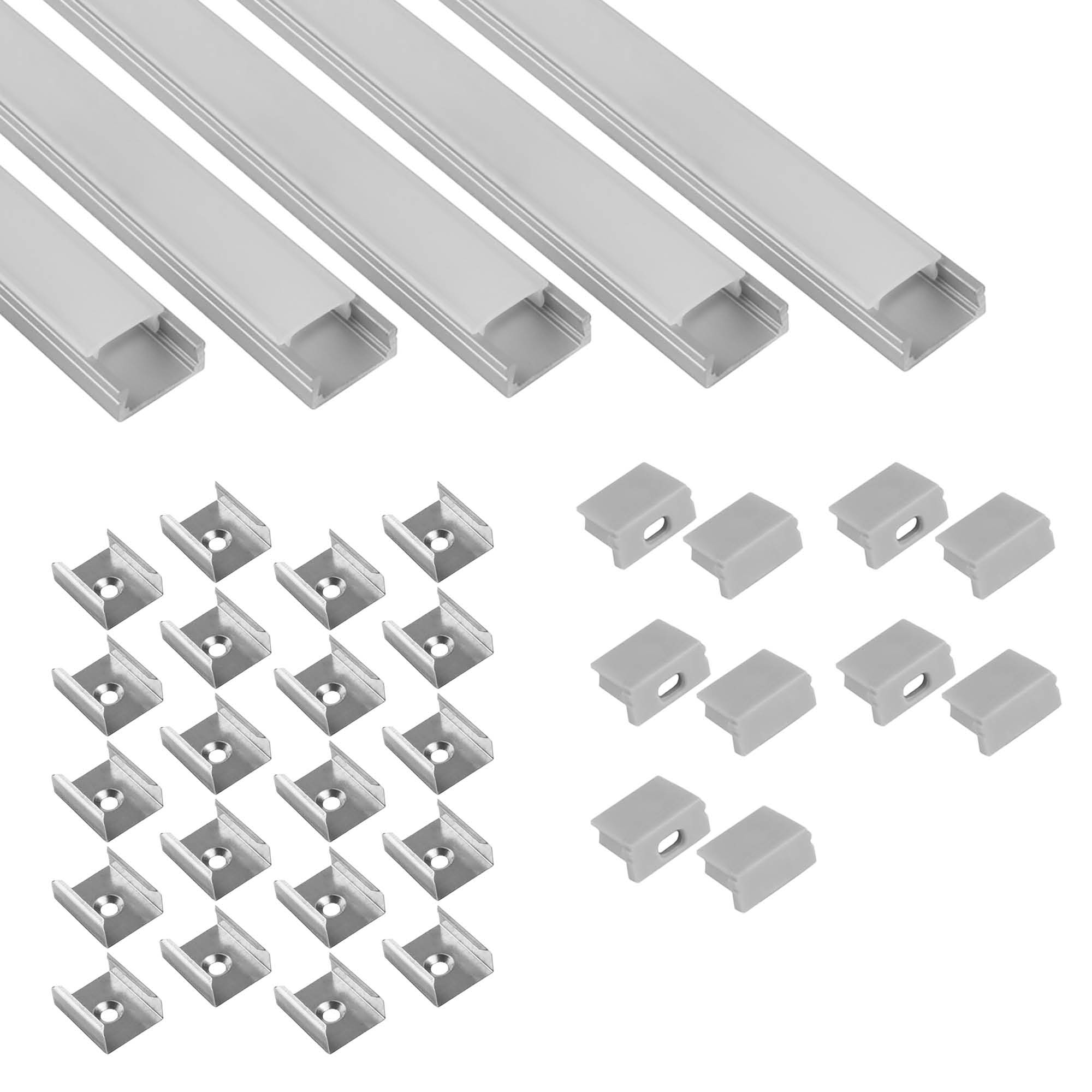 5x A15 LED profile 2m - Silver incl. opal cover, clips & end caps 5x A15 LED profile 2m - Silver incl. opal cover, clips & end caps