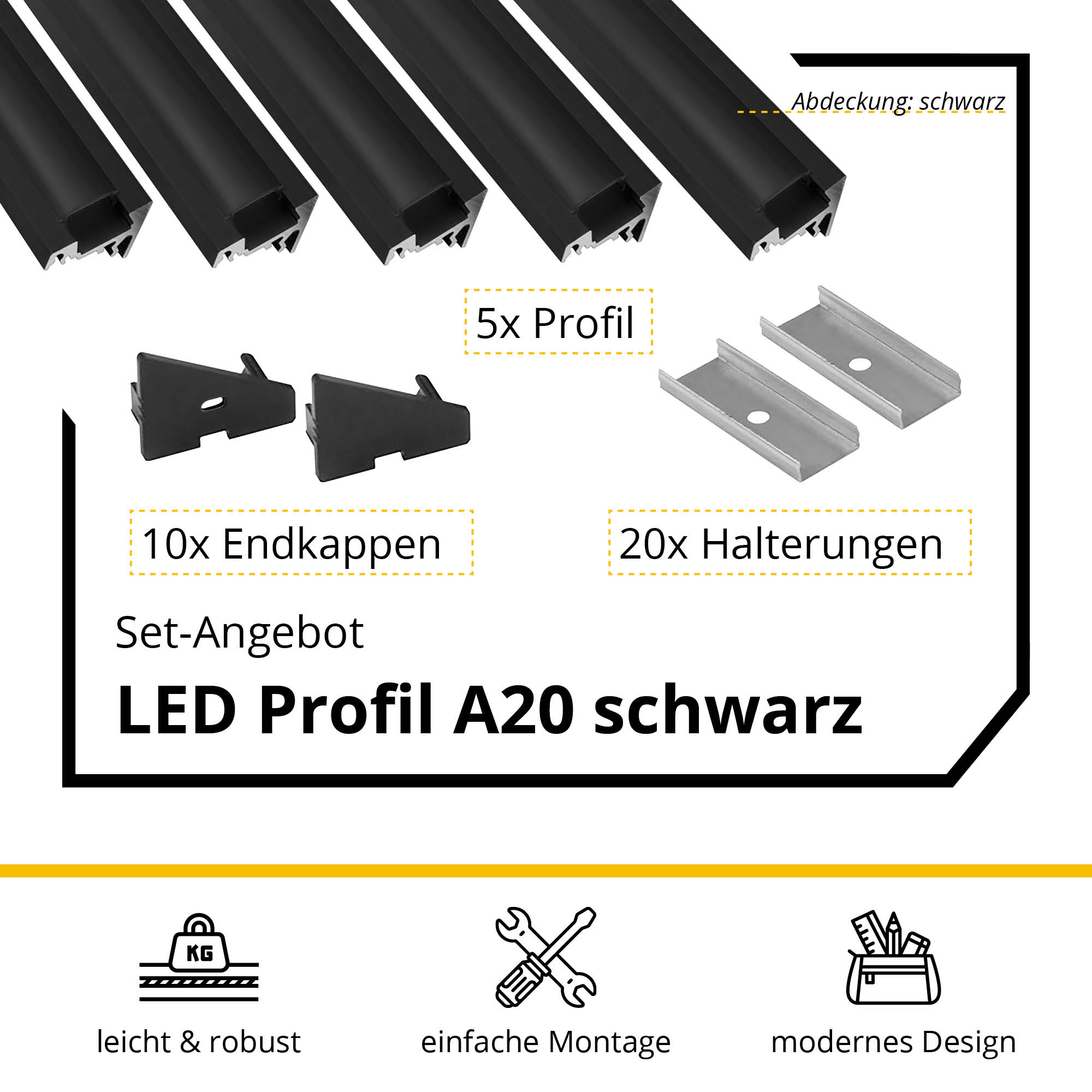 5x A20 LED Profil 2m - Schwarz inkl. Abdeckung, Halter & Endkappen 5x A20 LED Profil 2m - Schwarz inkl. Abdeckung schwarz, Halter & Endkappen