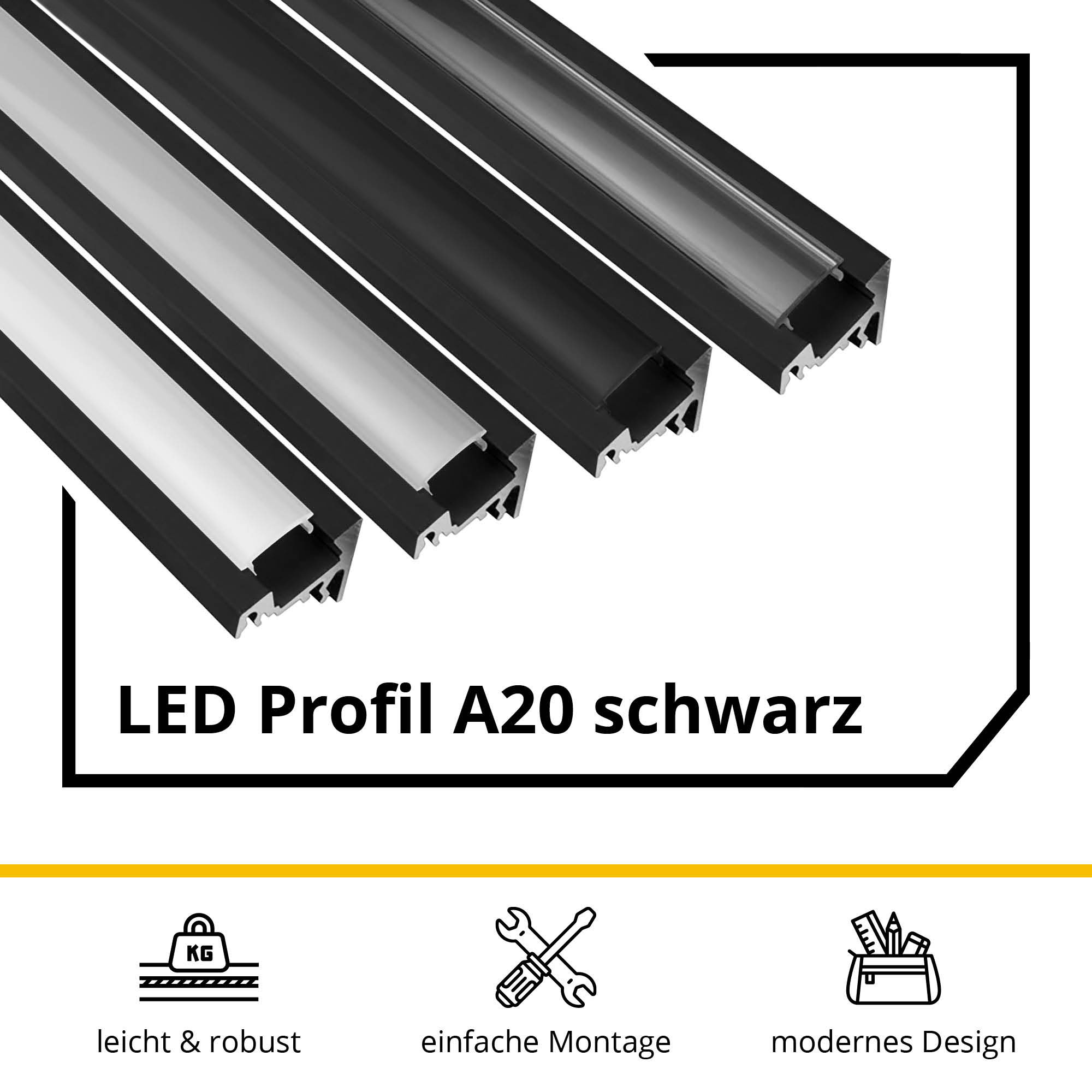 A20 LED Aluprofil Schwarz Eckprofil 30° A20 LED Aluprofil Schwarz Eckprofil 30° 2x Halter metall