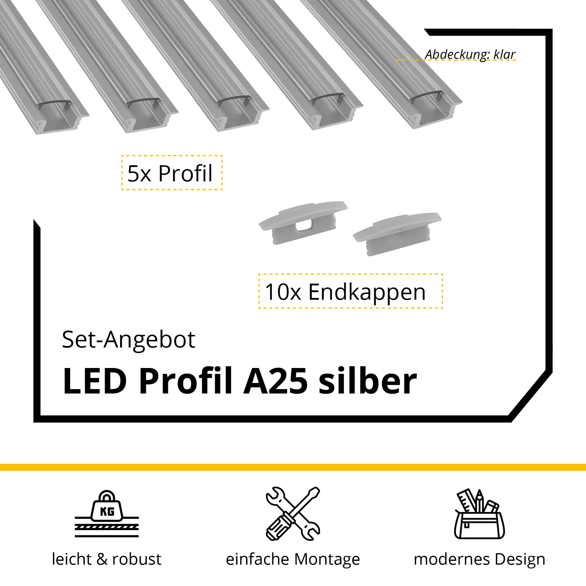 5x A25 LED Profil 2m - Silber inkl. Abdeckung klar & Endkappen