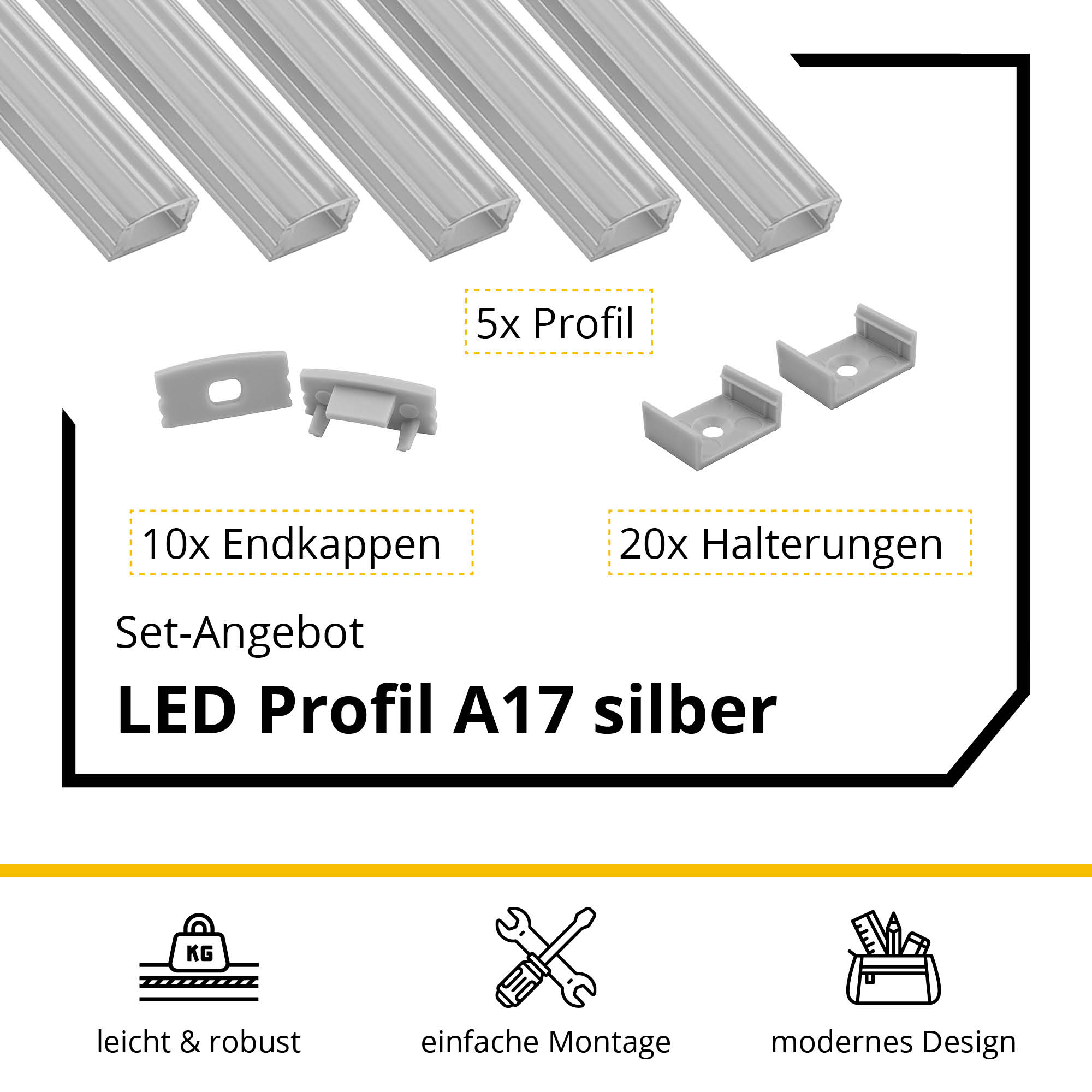 5x A17 LED Profil 2m - Silber inkl. Abdeckung klar, Halter & Endkappen