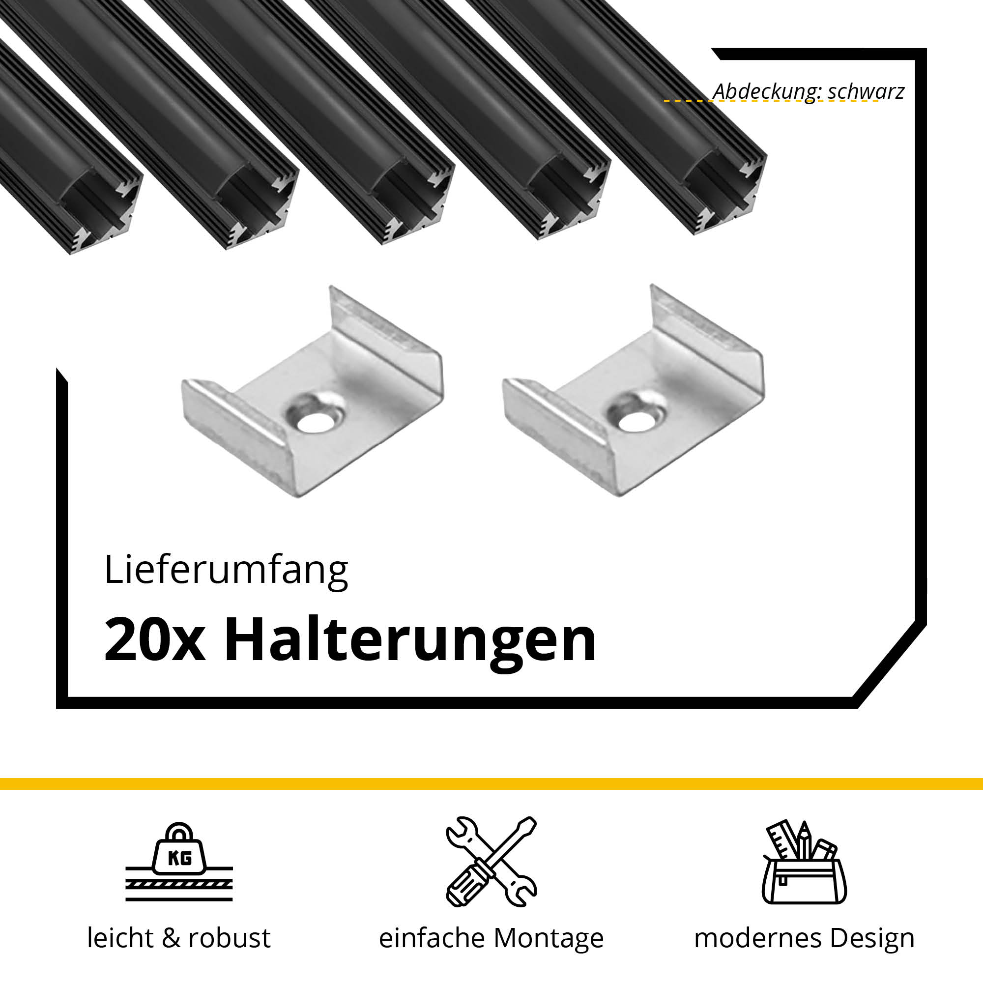 5x A19 LED Profil 2m - Schwarz inkl. Abdeckung schwarz, Halter & Endkappen