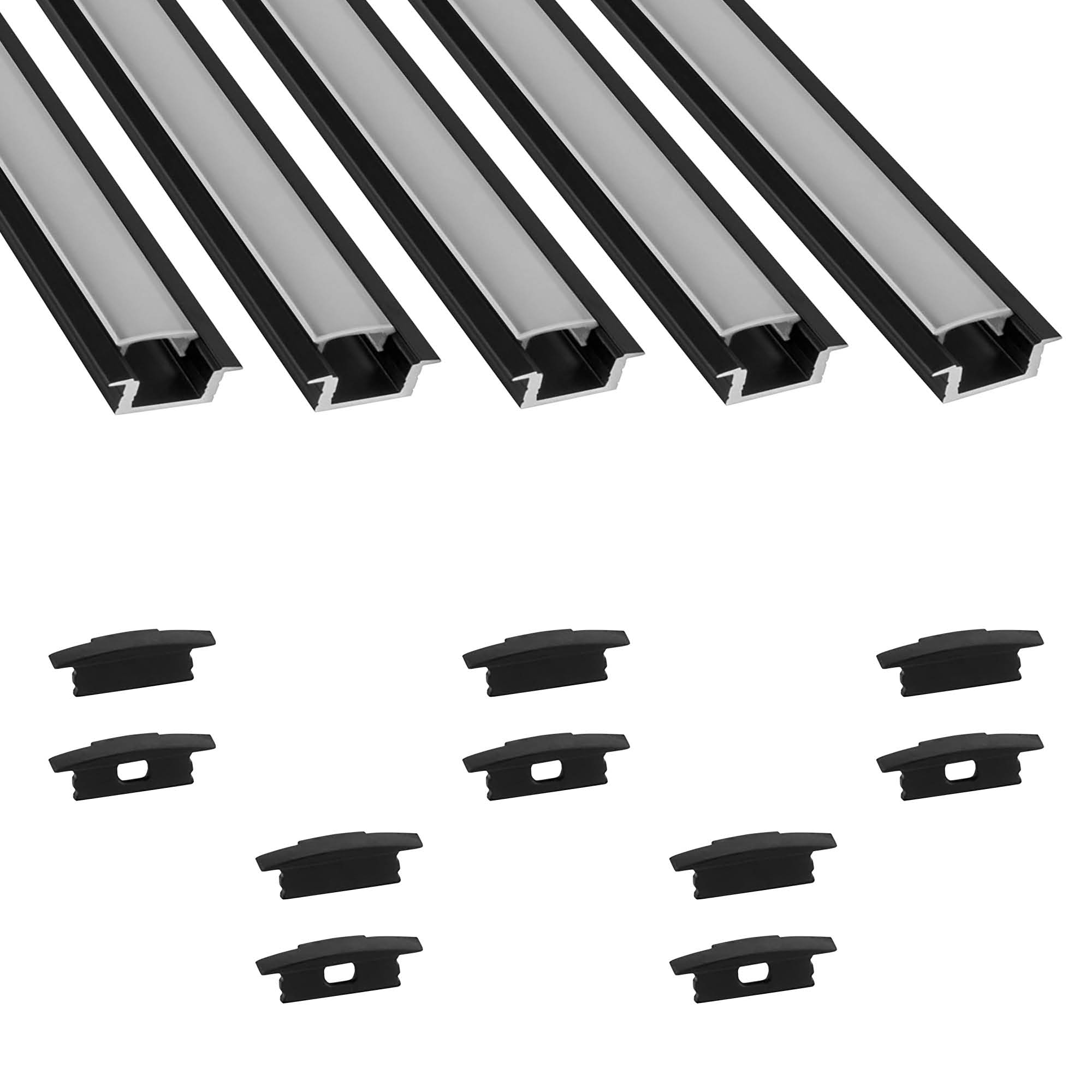 5x A25 LED Profil 2m - Schwarz inkl. Abdeckung opal & Endkappen