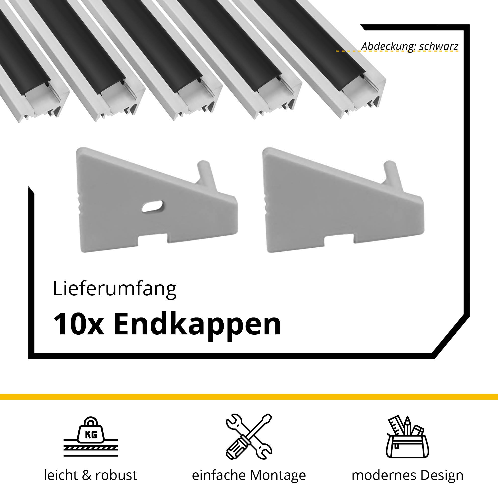 5x A20 LED Profil 2m - Silber inkl. Abdeckung schwarz, Halter & Endkappen