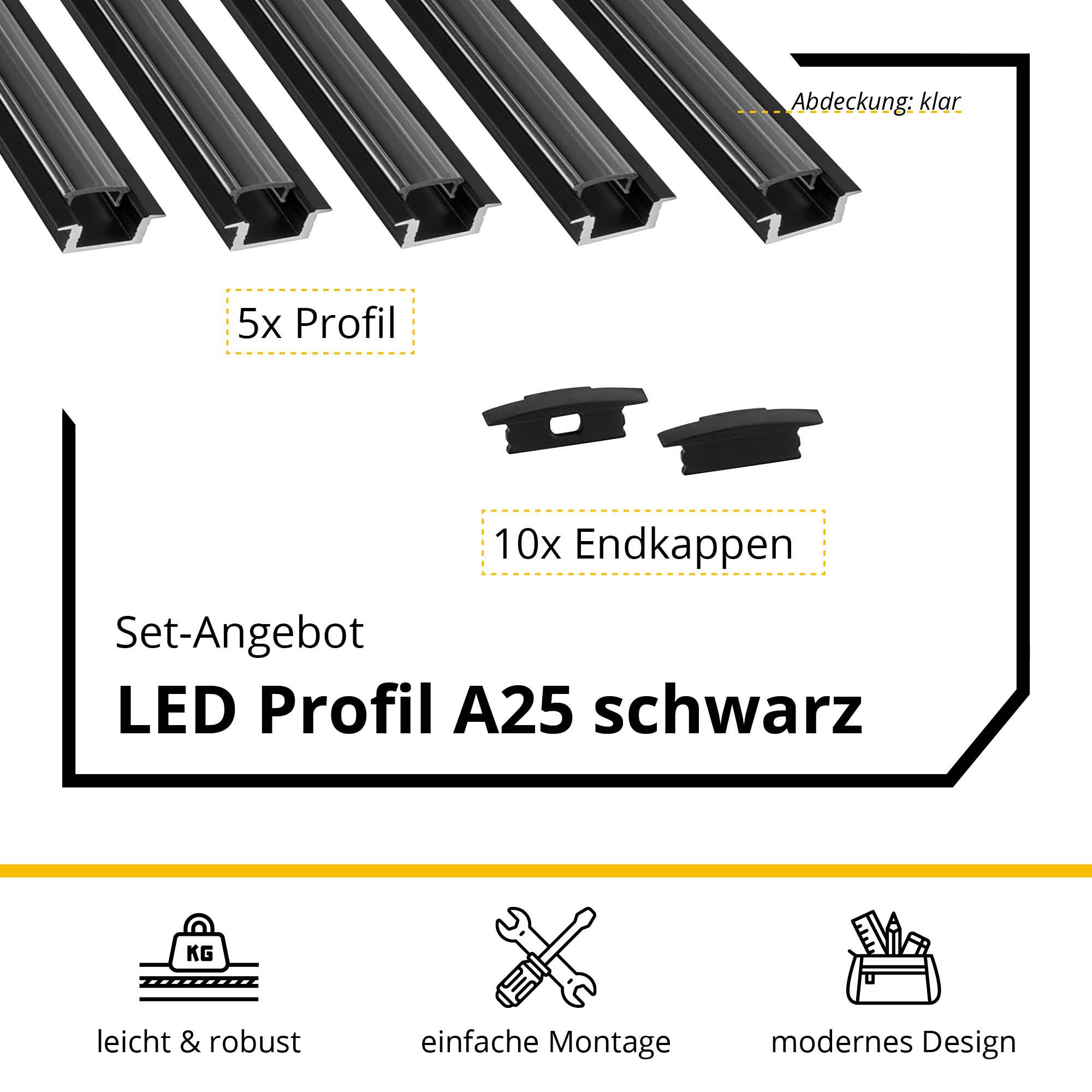 5x A25 LED Profil 2m - Schwarz inkl. Abdeckung klar & Endkappen