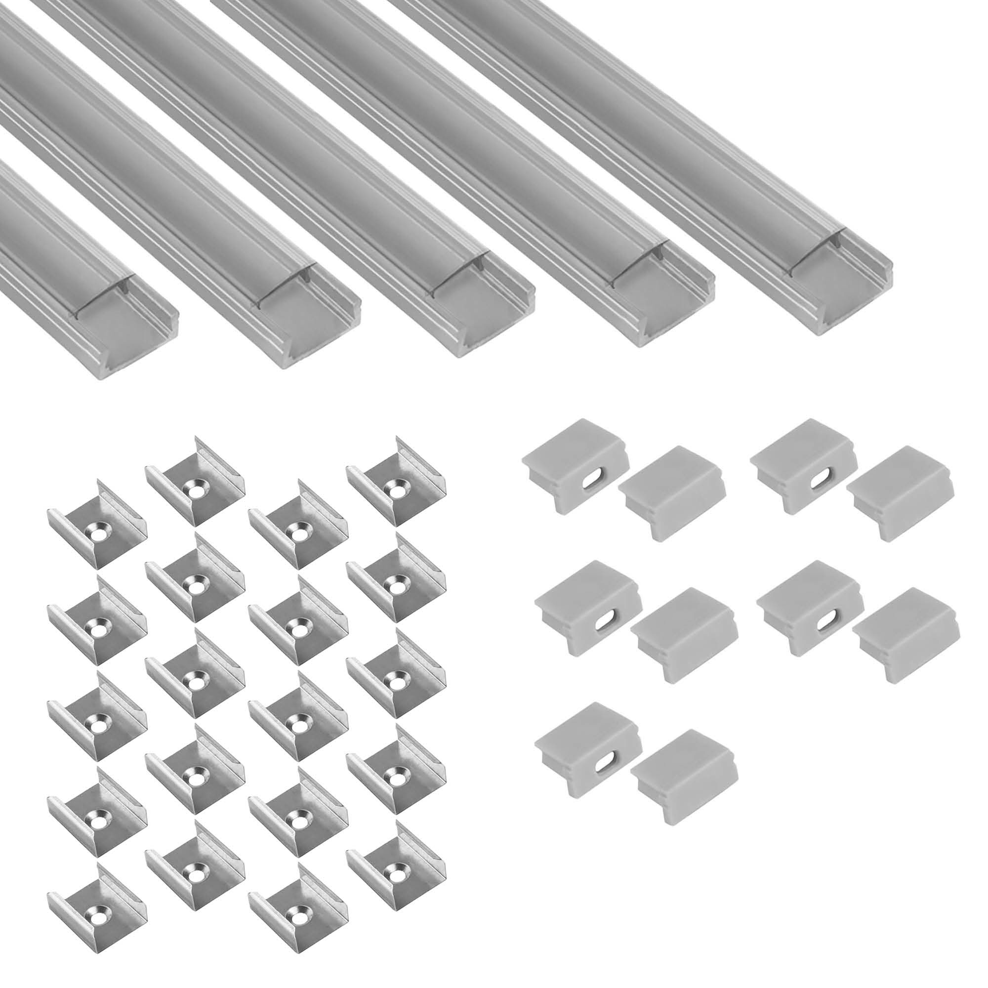 5x A15 LED Profile 2m - Silver incl. Clear Cover, Clips & End Caps