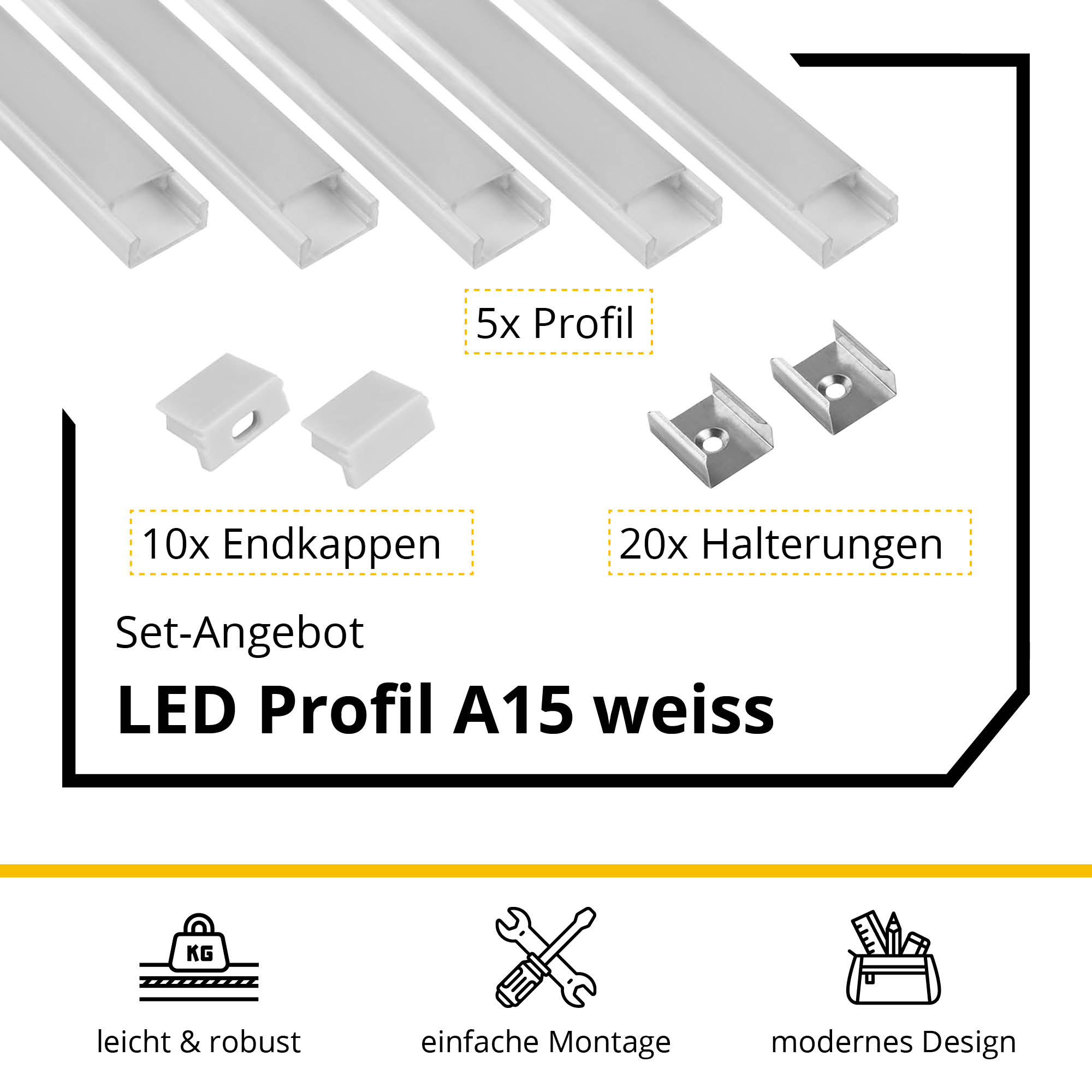 5x A15 LED Profil 2m - Weiss inkl. Abdeckung, Halter & Endkappen 5x A15 LED Profil 2m - Weiss inkl. Abdeckung opal, Halter & Endkappen
