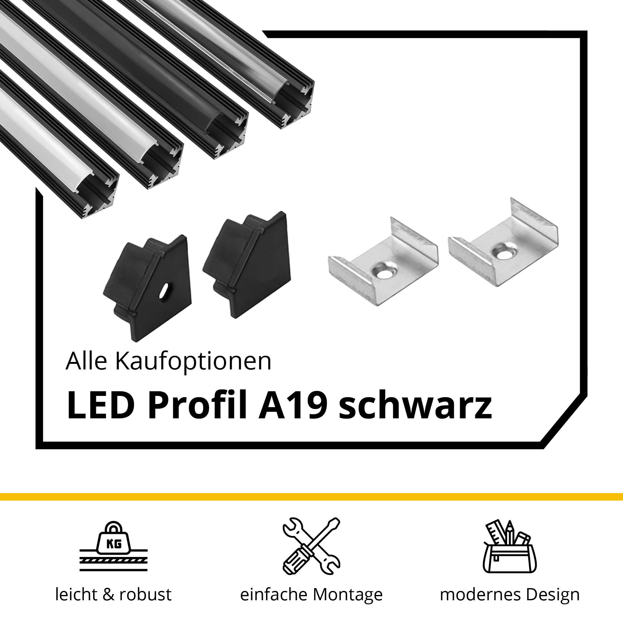 A19 LED Aluprofil Schwarz Eckprofil 90° A19 LED Aluprofil Schwarz Eckprofil 90° 2x Halter metall