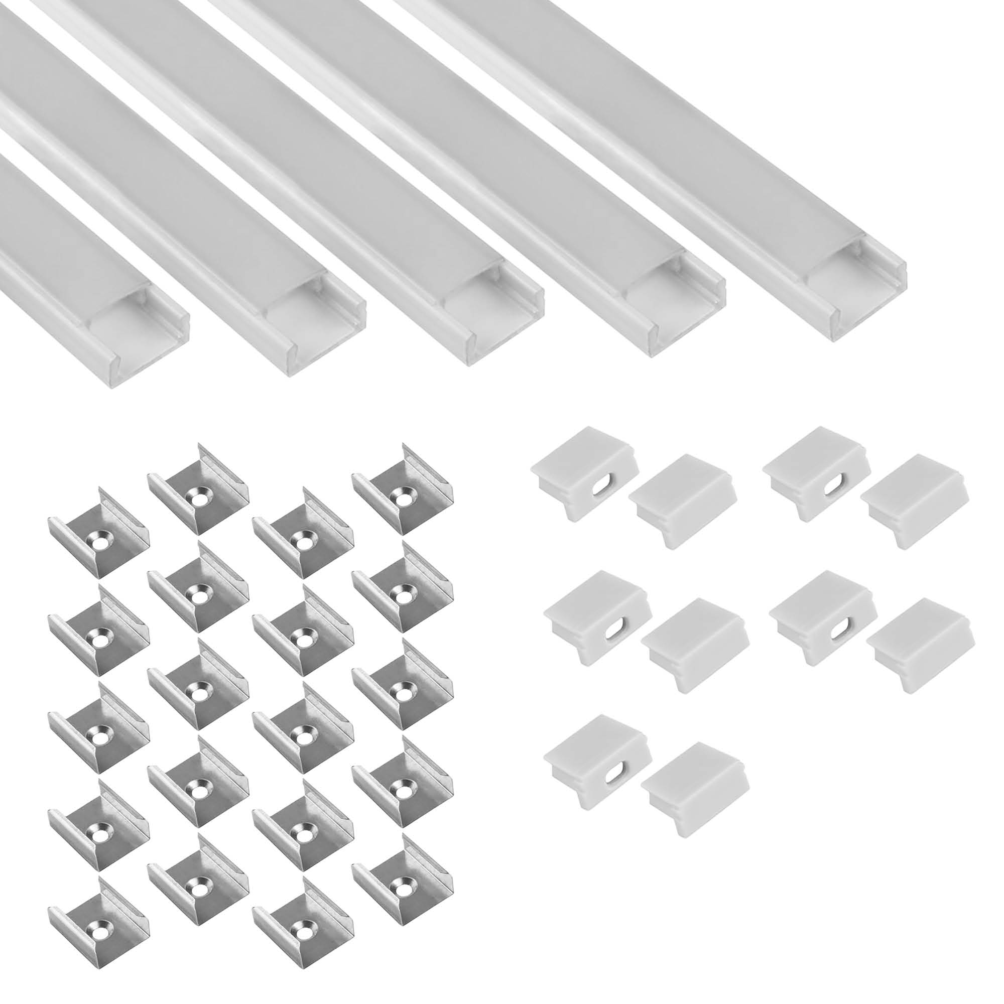 5x A15 LED Profil 2m - Weiss inkl. Abdeckung opal, Halter & Endkappen