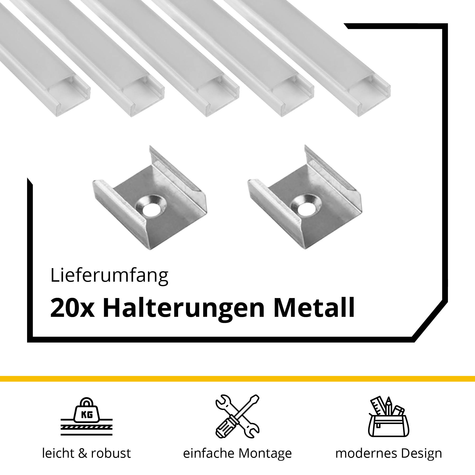 5x A15 LED Profil 2m - Weiss inkl. Abdeckung opal, Halter & Endkappen