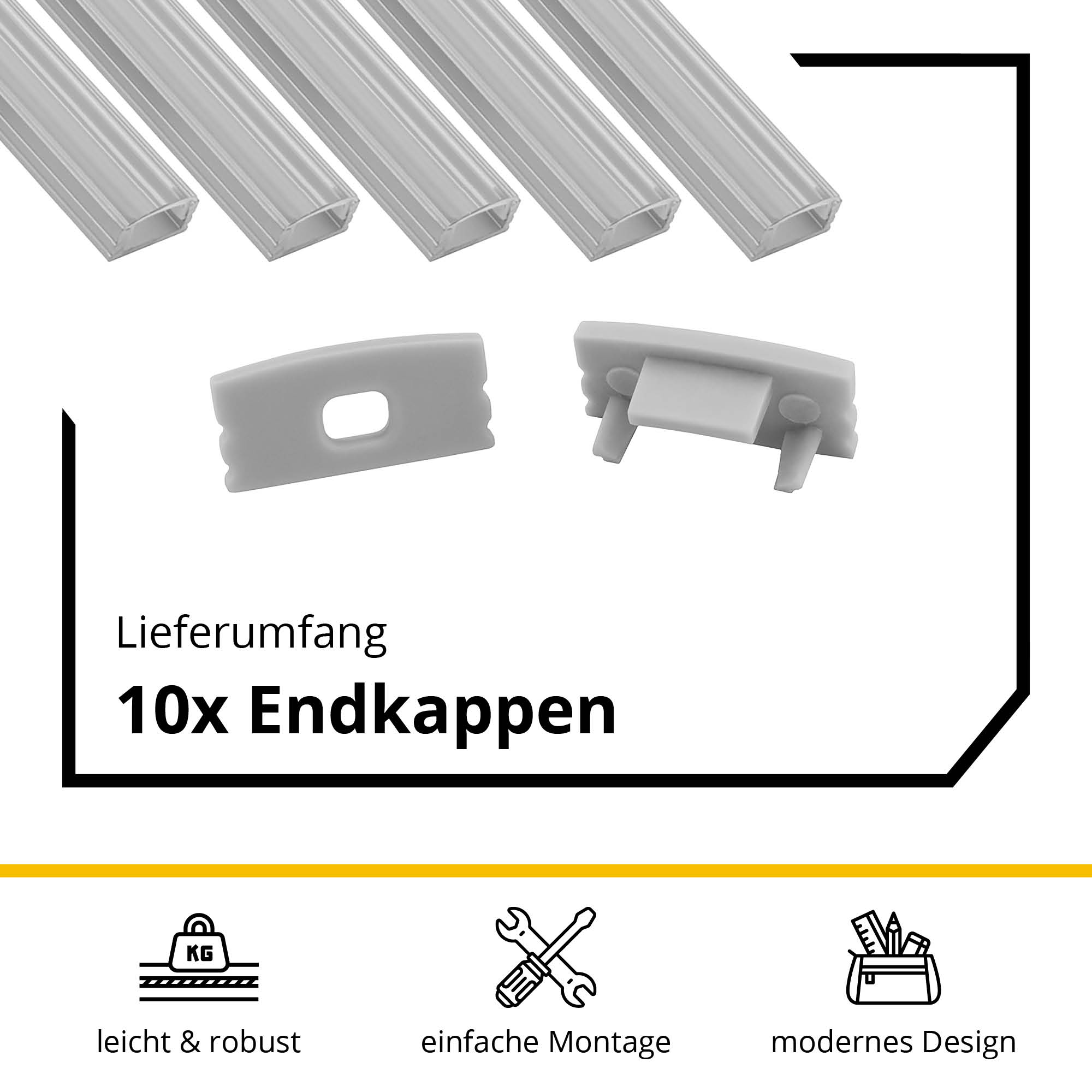 5x A17 LED Profil 2m - Silber inkl. Abdeckung klar, Halter & Endkappen