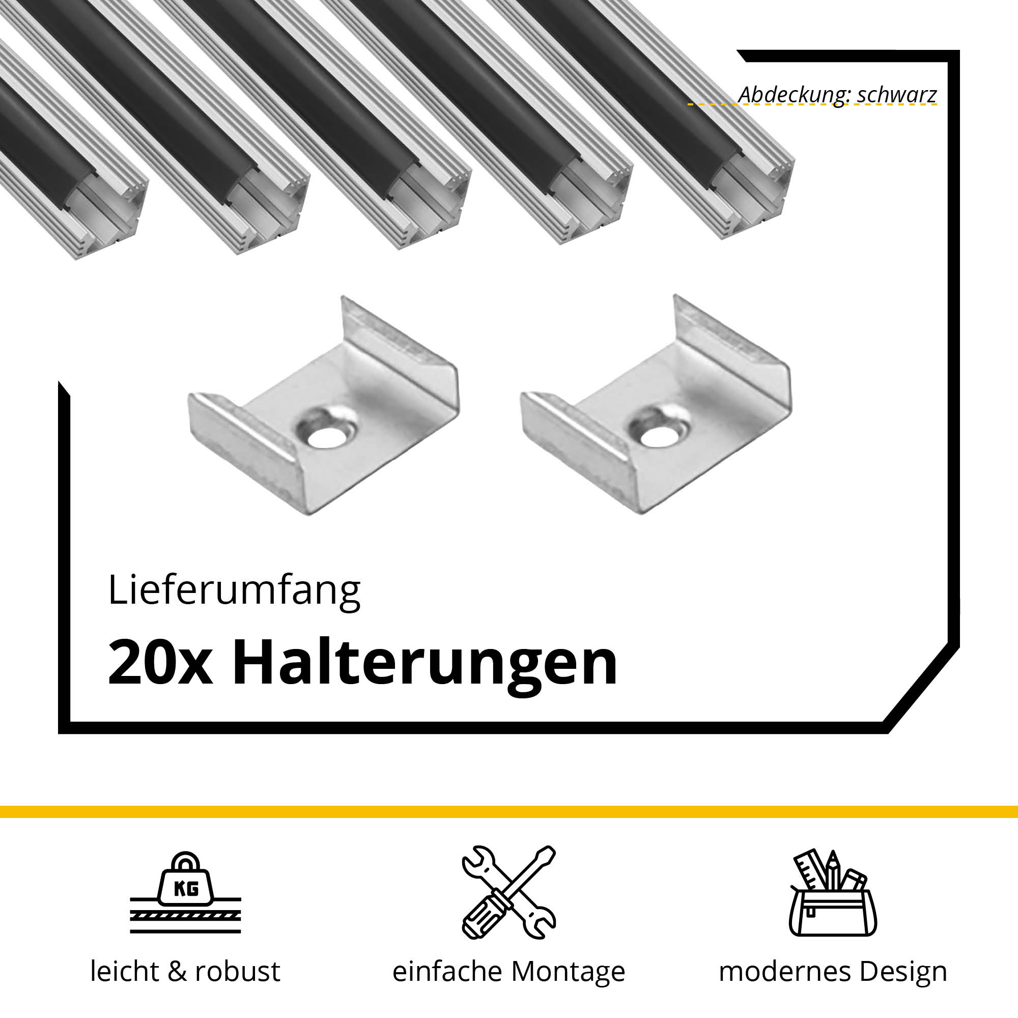 5x A19 LED Profil 2m - Silber inkl. Abdeckung schwarz, Halter & Endkappen