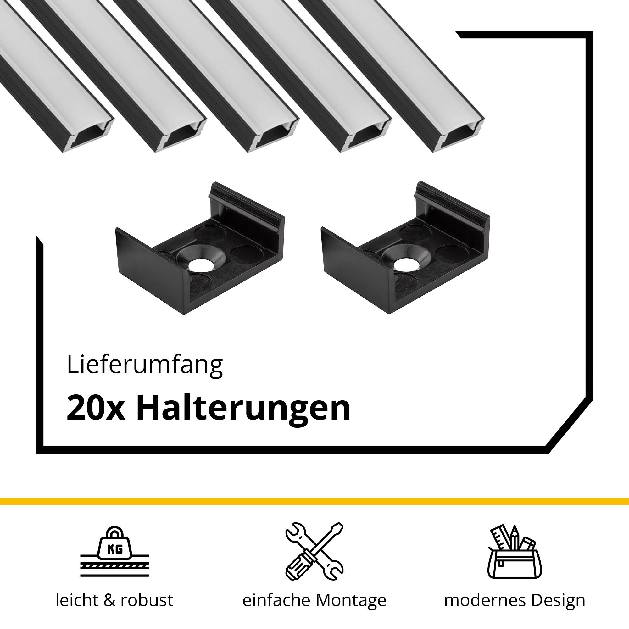 5x A17 LED Profil 2m - Schwarz inkl. Abdeckung milky, Halter & Endkappen
