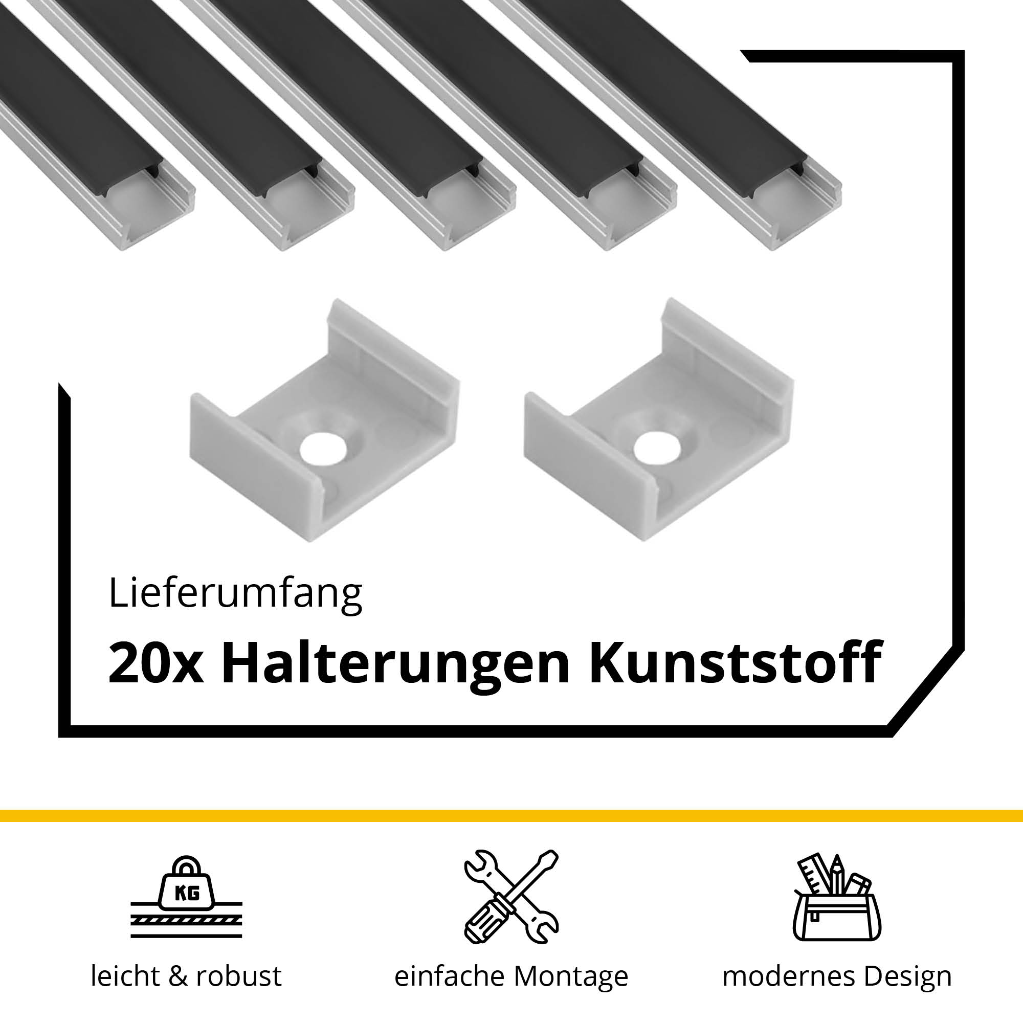 5x A15 LED Profil 2m - Silber inkl. Abdeckung schwarz, Halter & Endkappen 5x A15 LED Profil 2m - Silber inkl. Abdeckung schwarz, Halter & Endkappen