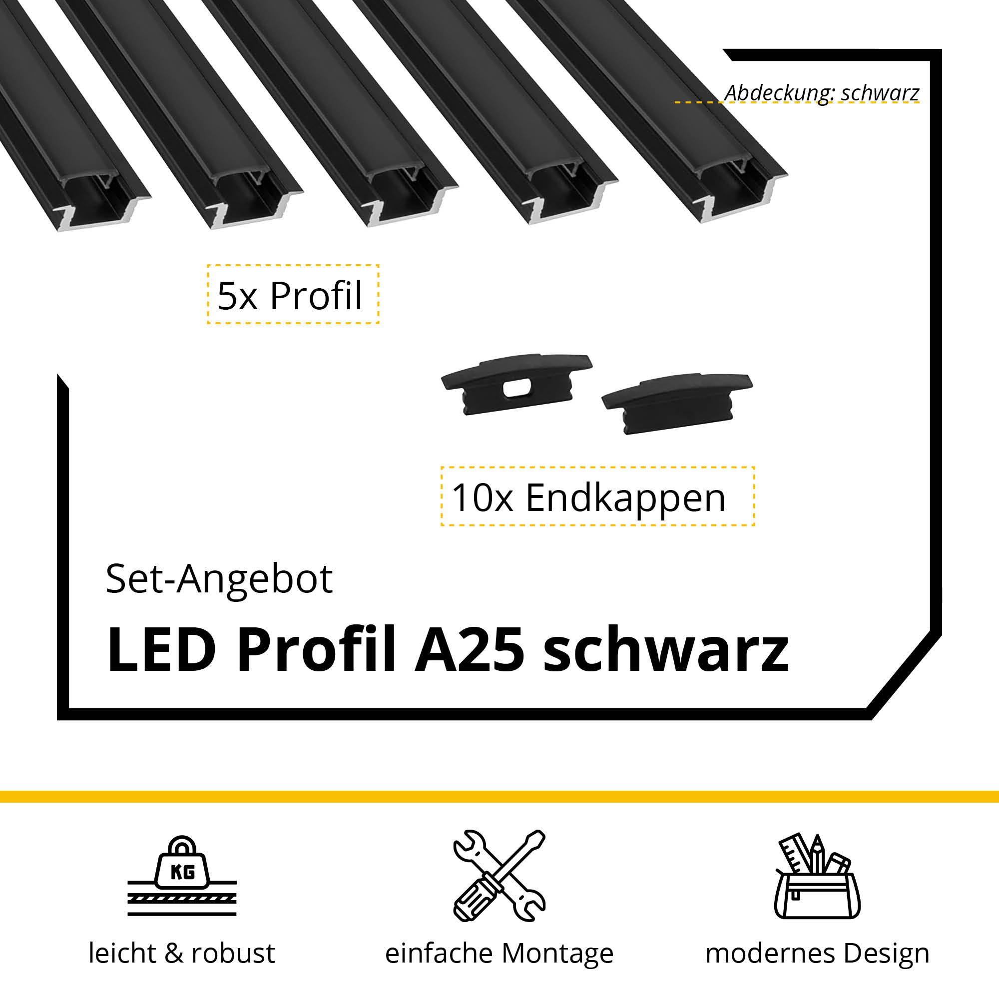 5x A25 LED Profil 2m - Schwarz inkl. Abdeckung & Endkappen 5x A25 LED Profil 2m - Schwarz inkl. Abdeckung schwarz & Endkappen