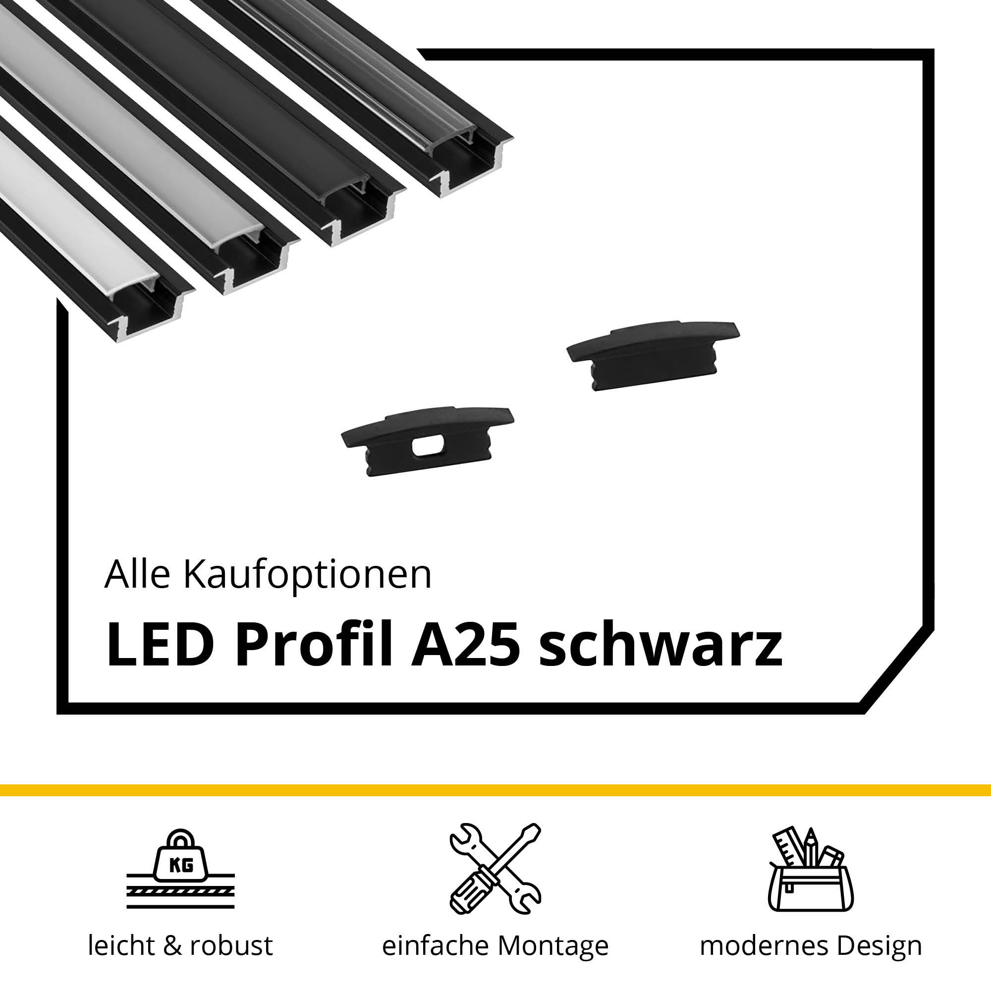 A25 LED Aluprofil Einbauprofil Schwarz 2x Endkappen A25 LED Aluprofil Einbauprofil Schwarz 2m Abdeckung milky