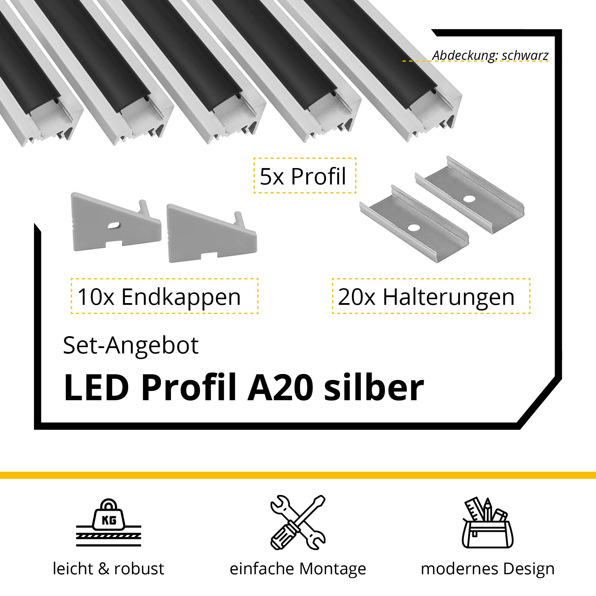 5x A20 LED Profil 2m - Silber inkl. Abdeckung schwarz, Halter & Endkappen