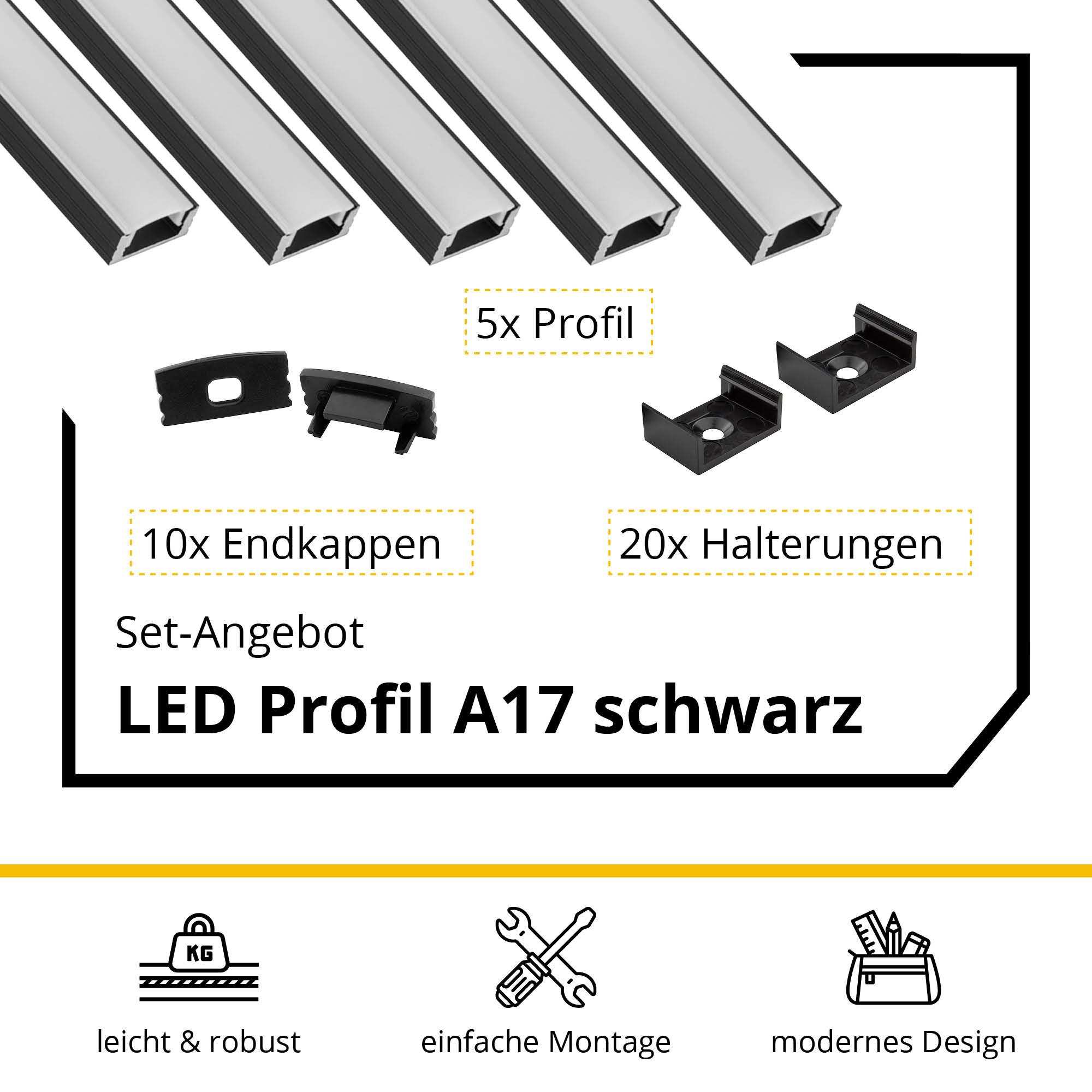 5x A17 LED Profil 2m - Schwarz inkl. Abdeckung, Halter & Endkappen 5x A17 LED Profil 2m - Schwarz inkl. Abdeckung milky, Halter & Endkappen