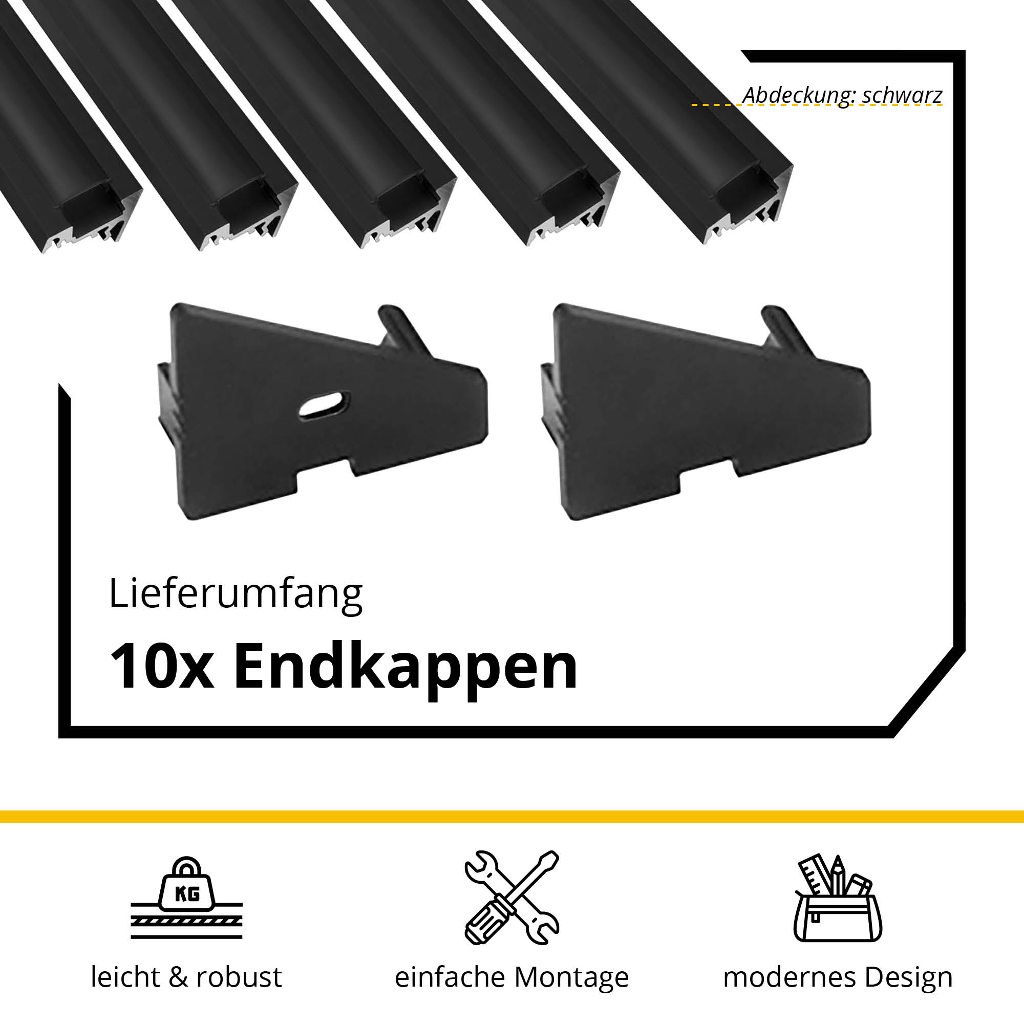 5x A20 LED Profil 2m - Schwarz inkl. Abdeckung schwarz, Halter & Endkappen