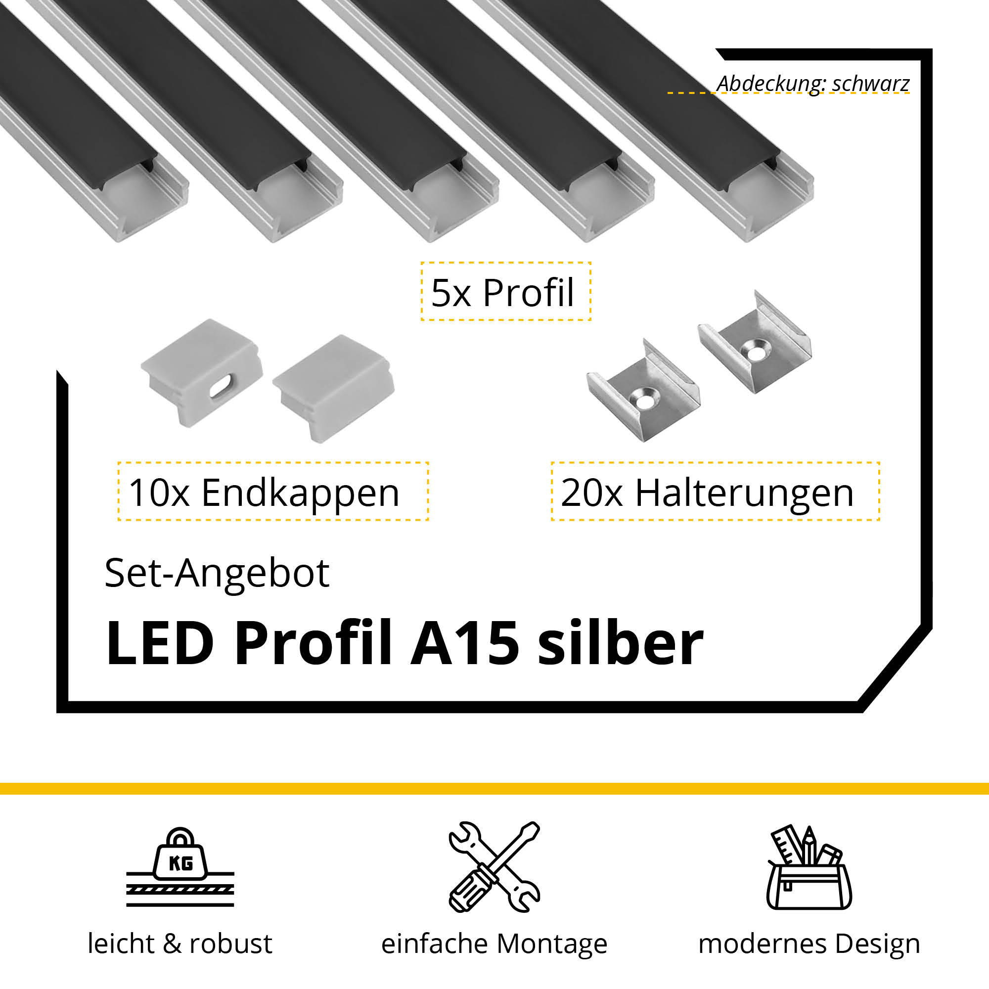 5x A15 LED Profile 2m - Silver incl. Cover, Mounts & End Caps 5x A15 LED profile 2 m - Silver incl. black cover, clips & end caps