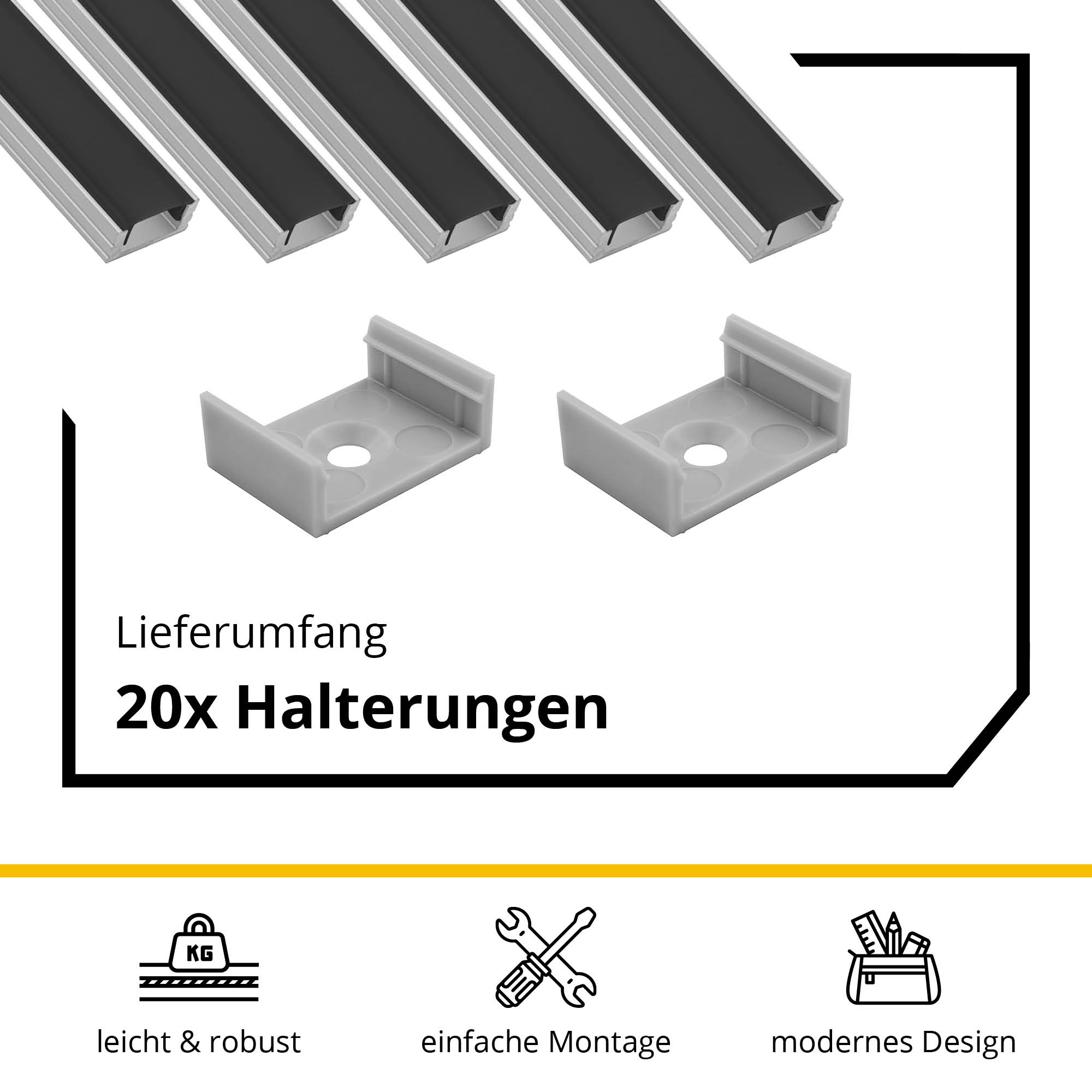 5x A17 LED Profil 2m - Silber inkl. Abdeckung schwarz, Halter & Endkappen 5x A17 LED Profil 2m - Silber inkl. Abdeckung schwarz, Halter & Endkappen