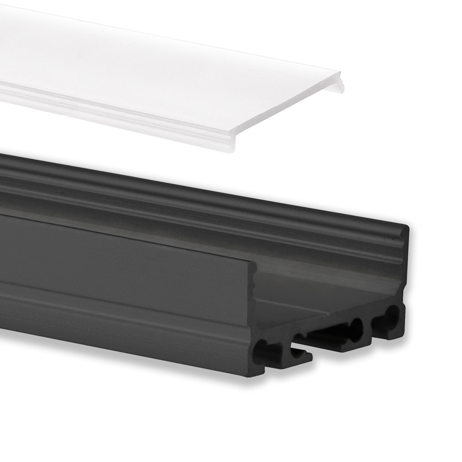 GX-PN4 LED AUFBAU-Profil 200 cm, flach, LED Stripes max. 24mm, schwarz RAL 9005 2m Abdeckung opal